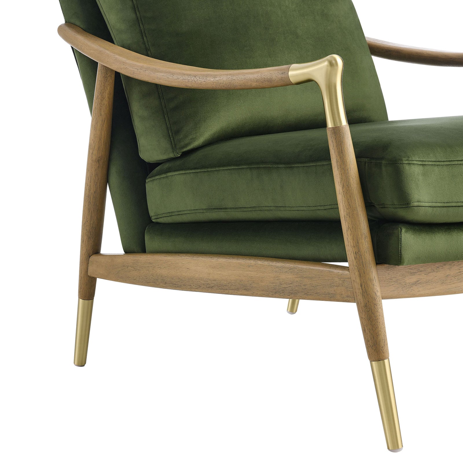 Brass accents and curved walnut arm detailing complement the rich moss green performance velvet || EEI-7056-MOG-WAL || detail_studio