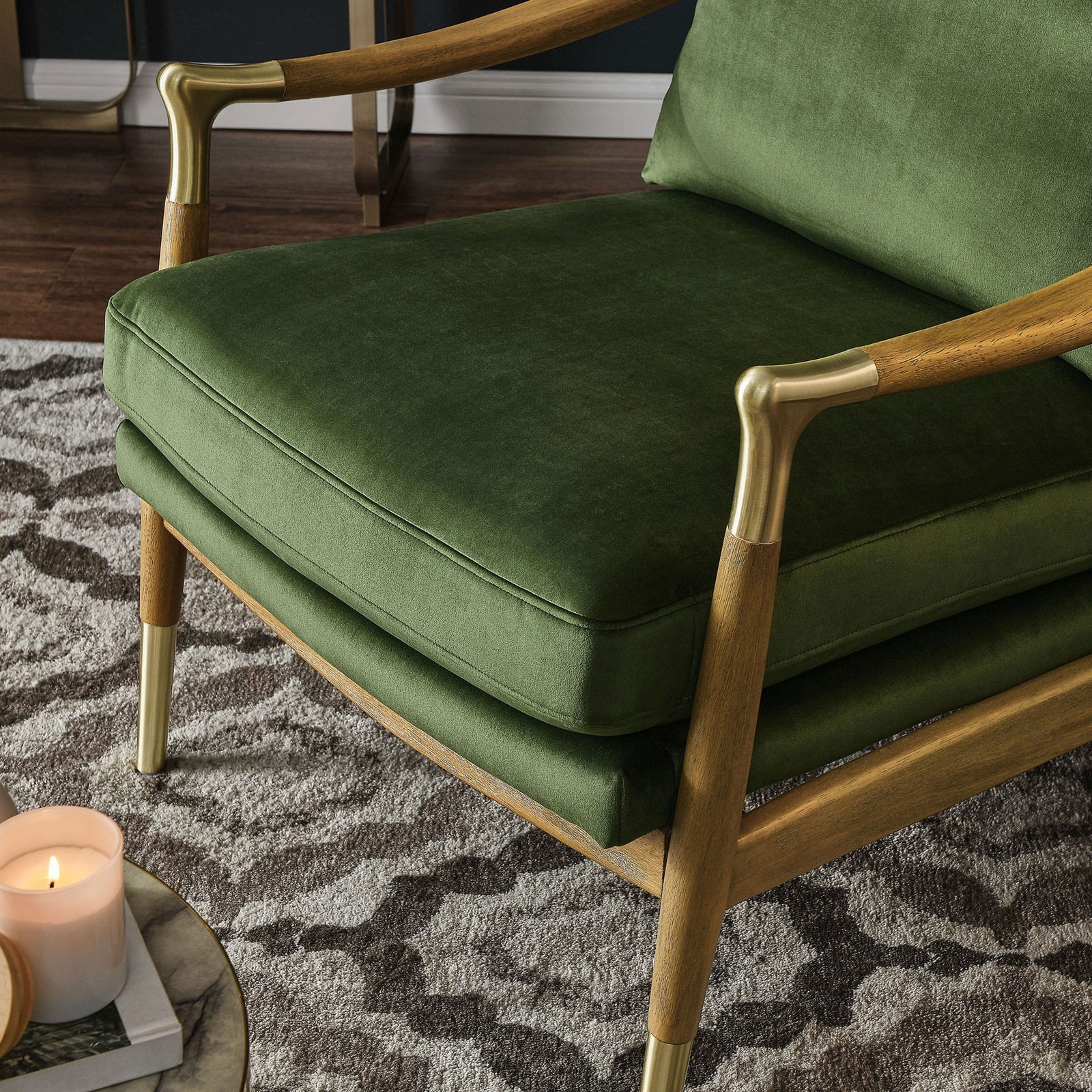 Textured performance velvet and smooth solid wood create a luxe contrast in everyday living spaces || EEI-7056-MOG-WAL || detail_room
