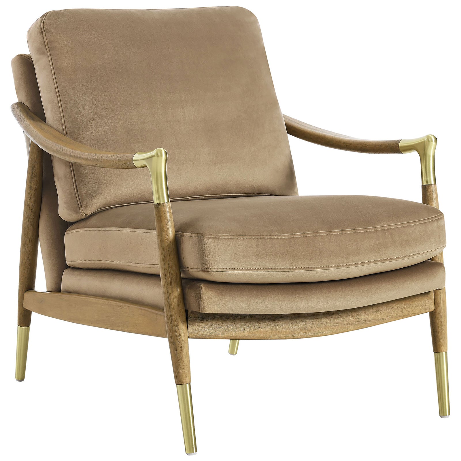Mid-century silhouette in stain-resistant velvet with contoured wood frame and gleaming brass accents || EEI-7056-TAU-WAL || front_angle_studio