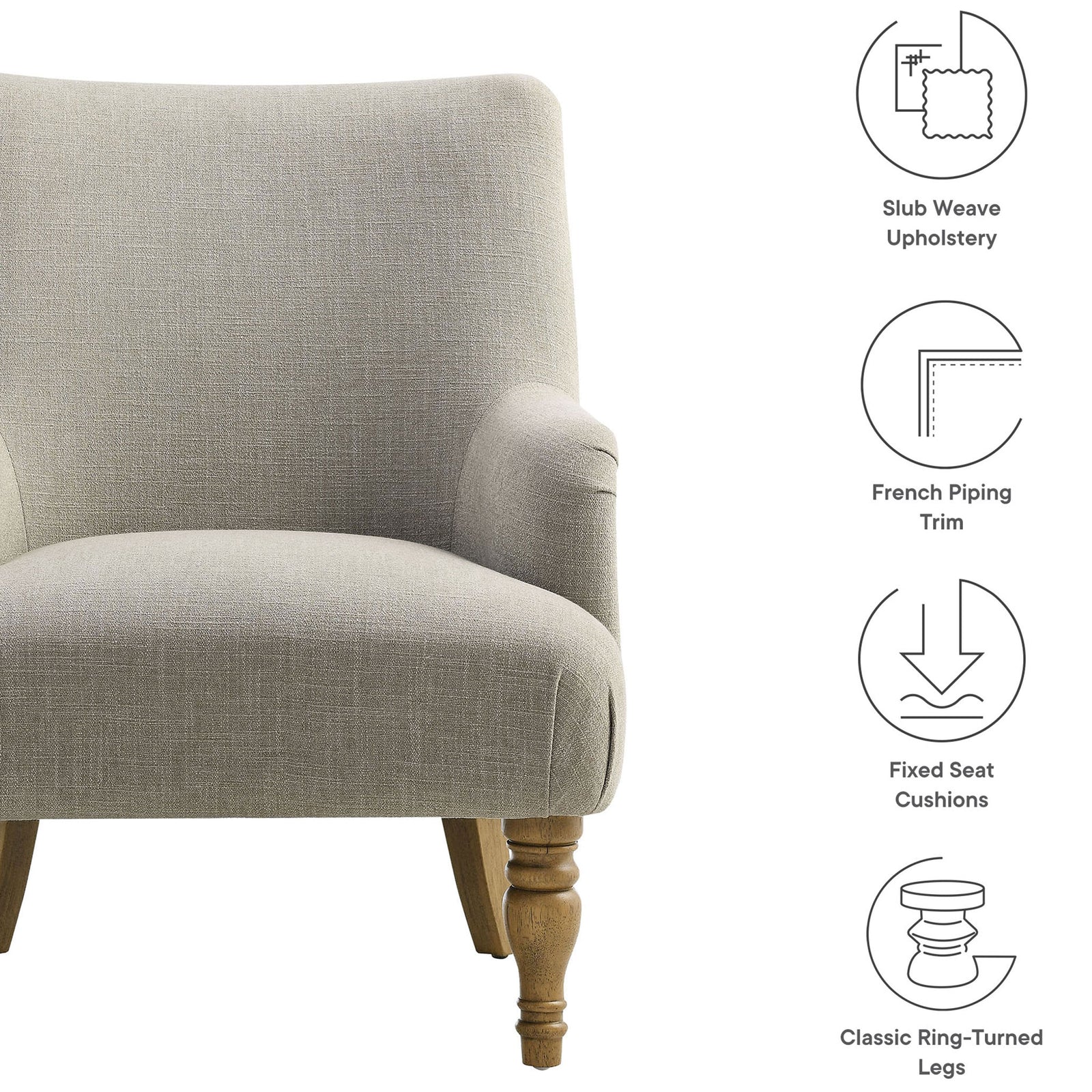 Slub-weave upholstery, French piping, and a fixed cushion combine for enduring comfort and style || EEI-7057-LIN || callout_studio