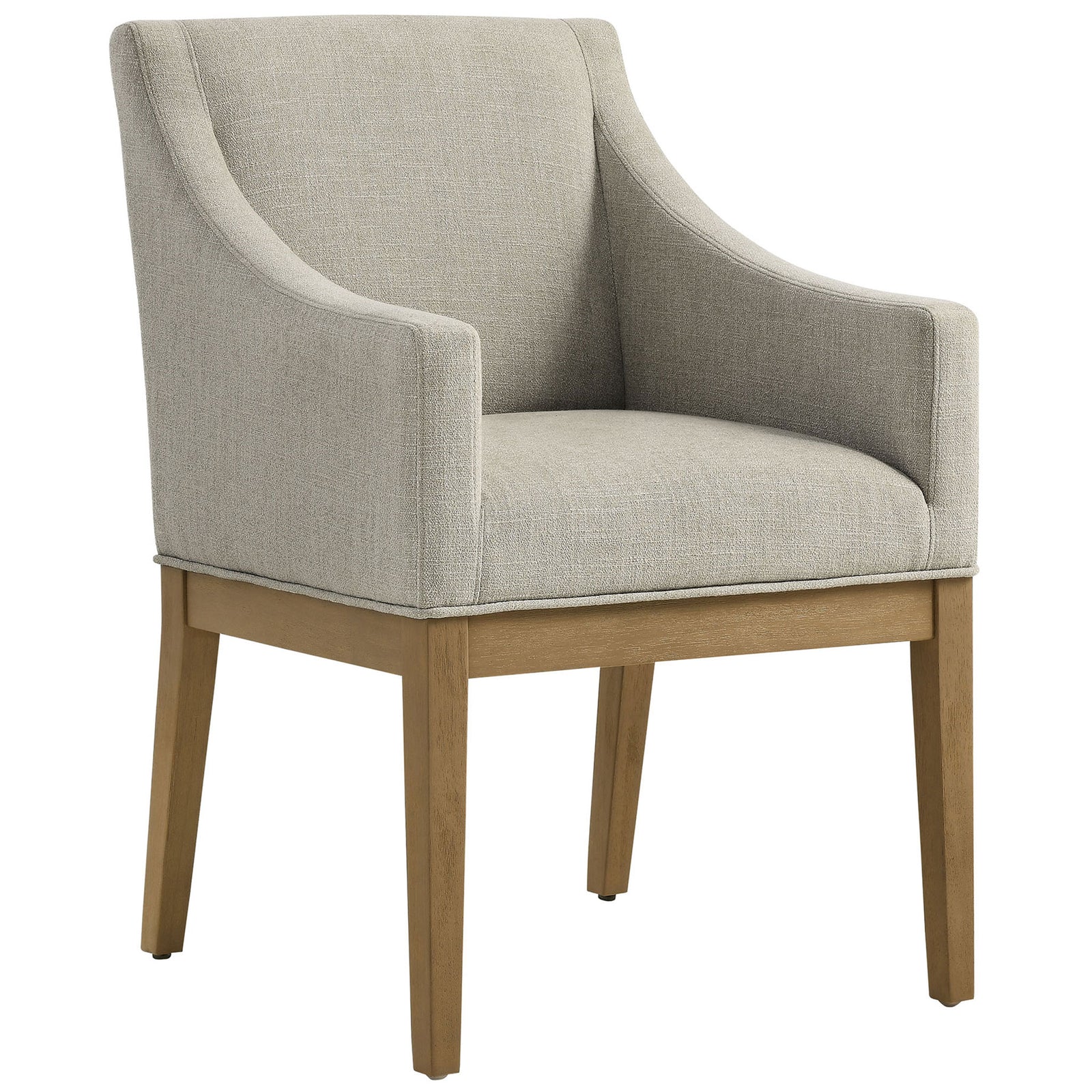 Linen upholstered dining armchair with swooping arms, slub weave texture, and warm wood legs || EEI-7058-LIN-NAT || front_angle_studio