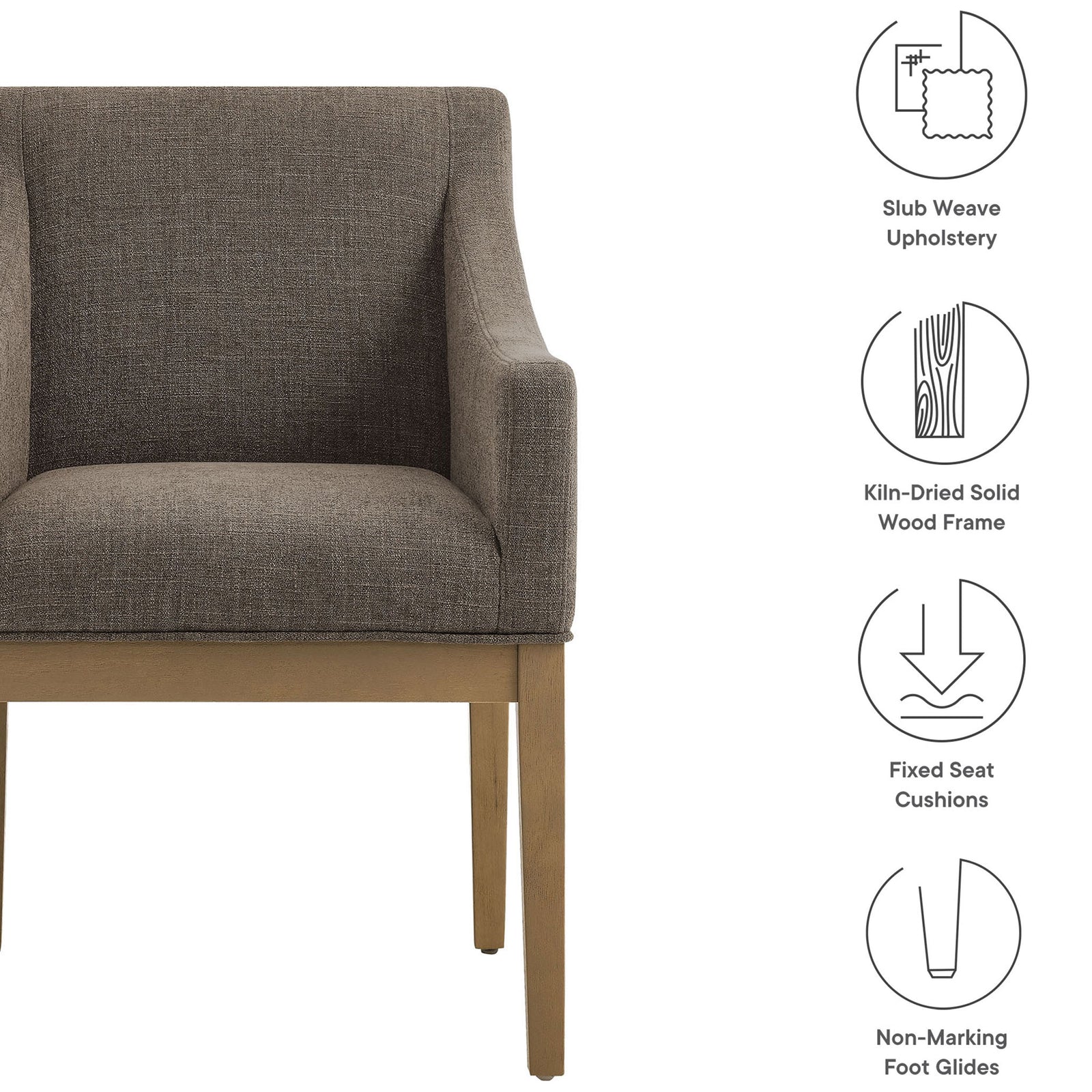 Feature details of the Alton dining armchair highlighting upholstery, wood frame, cushion, and floor glides || EEI-7058-MOC-NAT || callout_studio