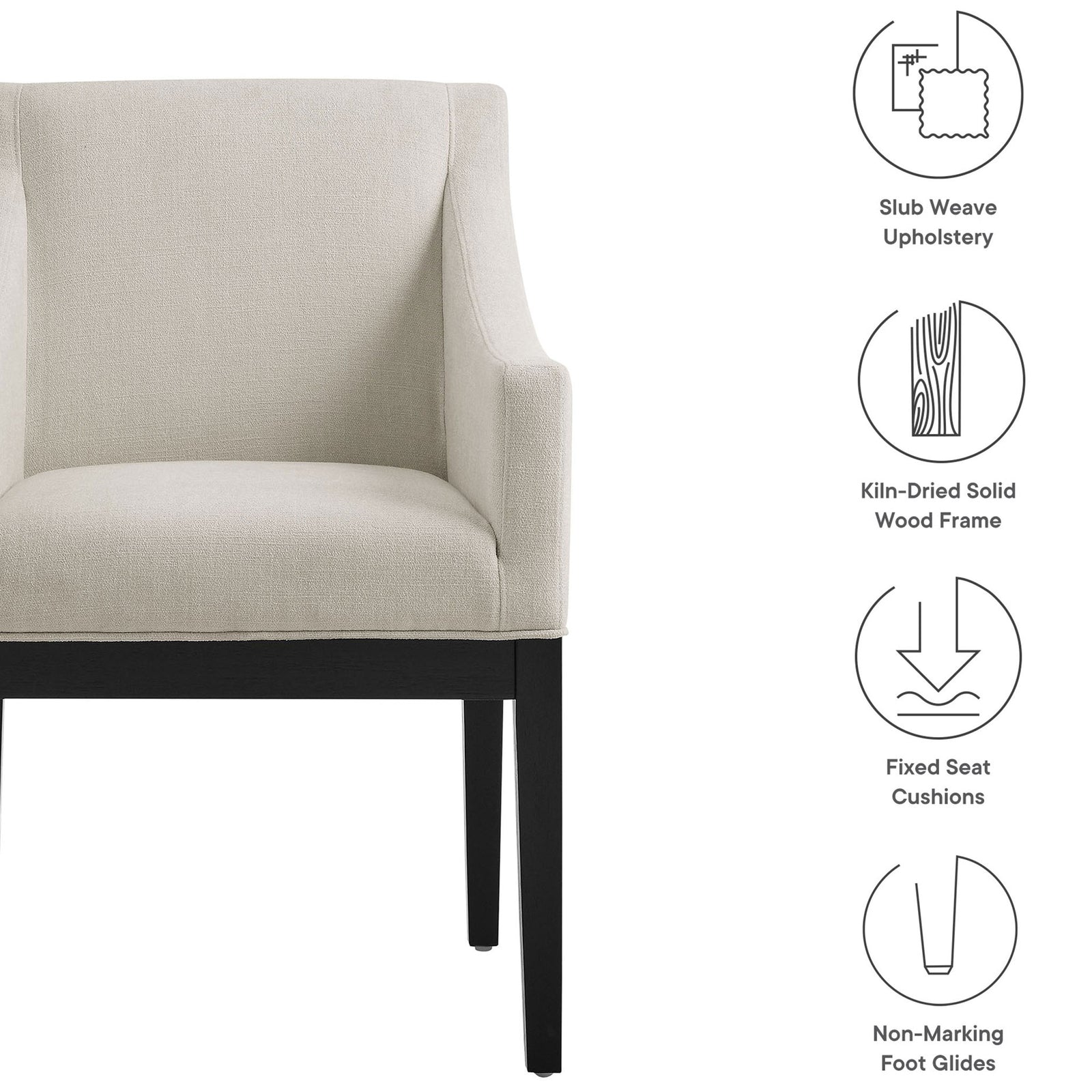 Alton dining armchair with slub upholstery, kiln-dried wood frame, fixed seat cushion, and non-marking glides || EEI-7058-SAL-BLK || callout_studio