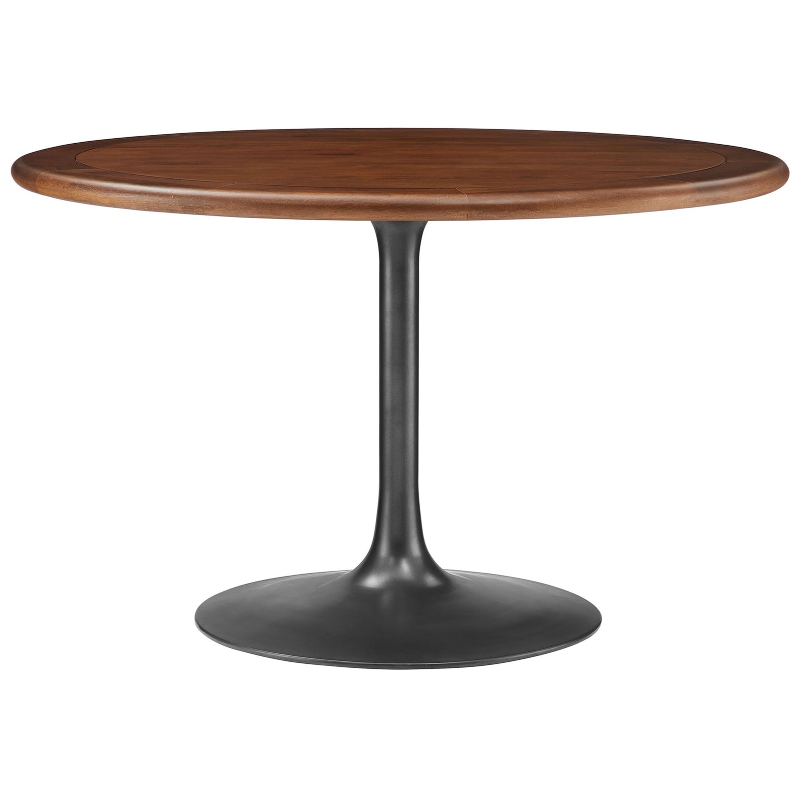 Round 48 inch mango wood dining table with black tulip pedestal base in a warm walnut finish. || EEI-7070-BLK-WAL || front_studio