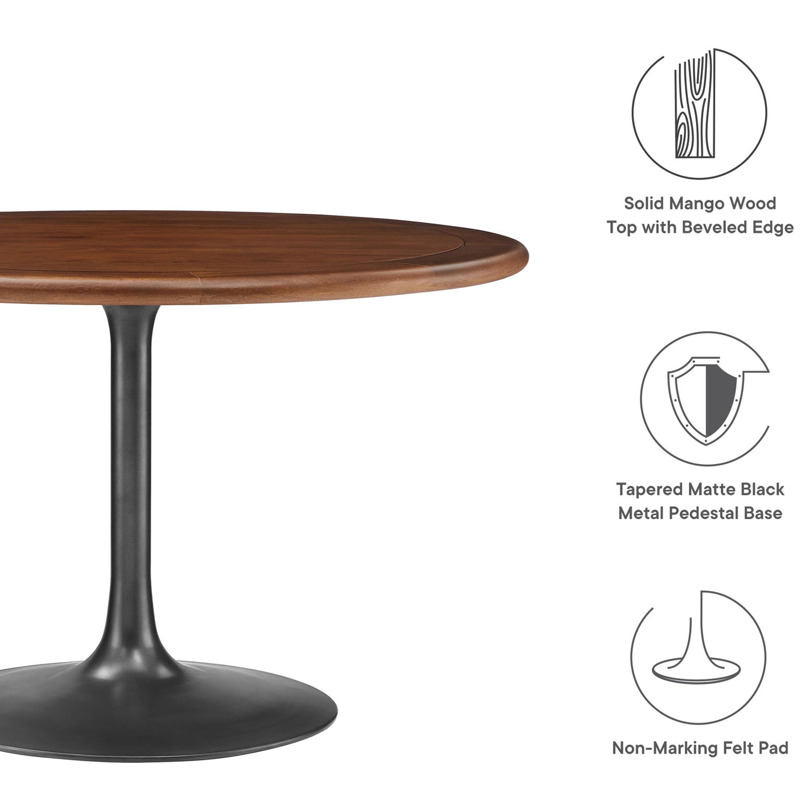 Round 48 inch mango wood dining table highlighting beveled edge, tapered black pedestal base, and felt floor pad. || EEI-7070-BLK-WAL || callout_studio