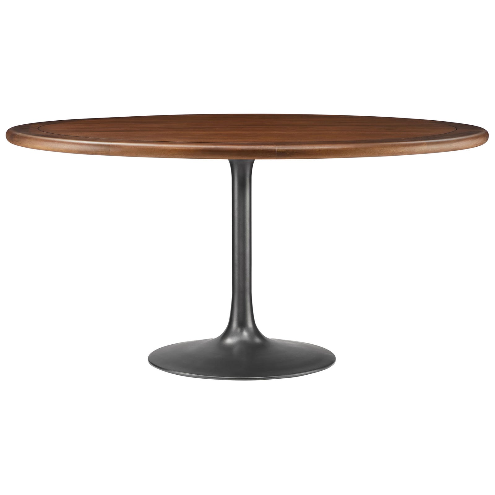 Spacious 60 inch round mango wood dining table with sleek black tulip pedestal base for modern interiors. || EEI-7071-BLK-WAL || front_studio