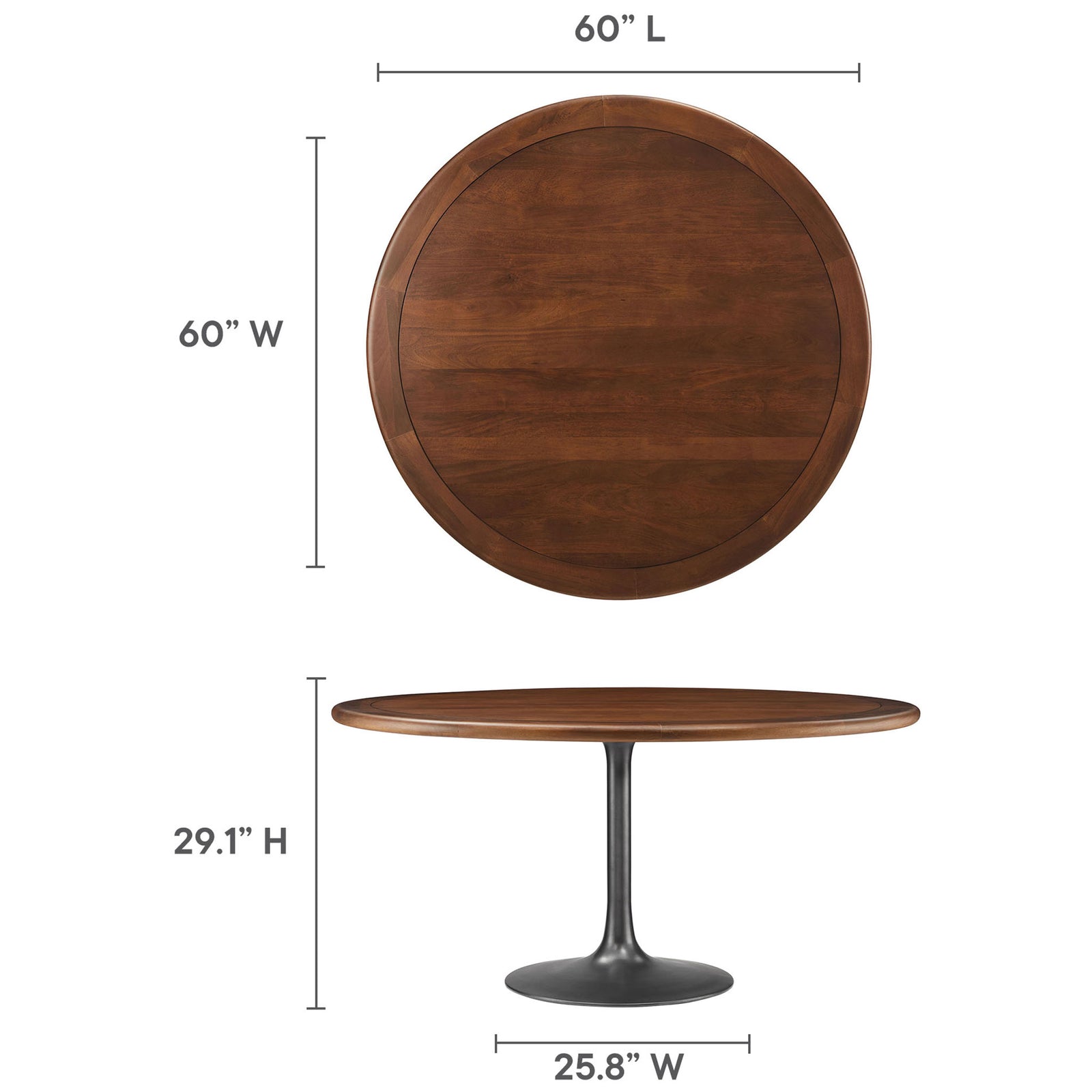 60 inch round mango wood dining table with black pedestal base displayed with clear diameter and height dimensions. || EEI-7071-BLK-WAL || dimension_studio