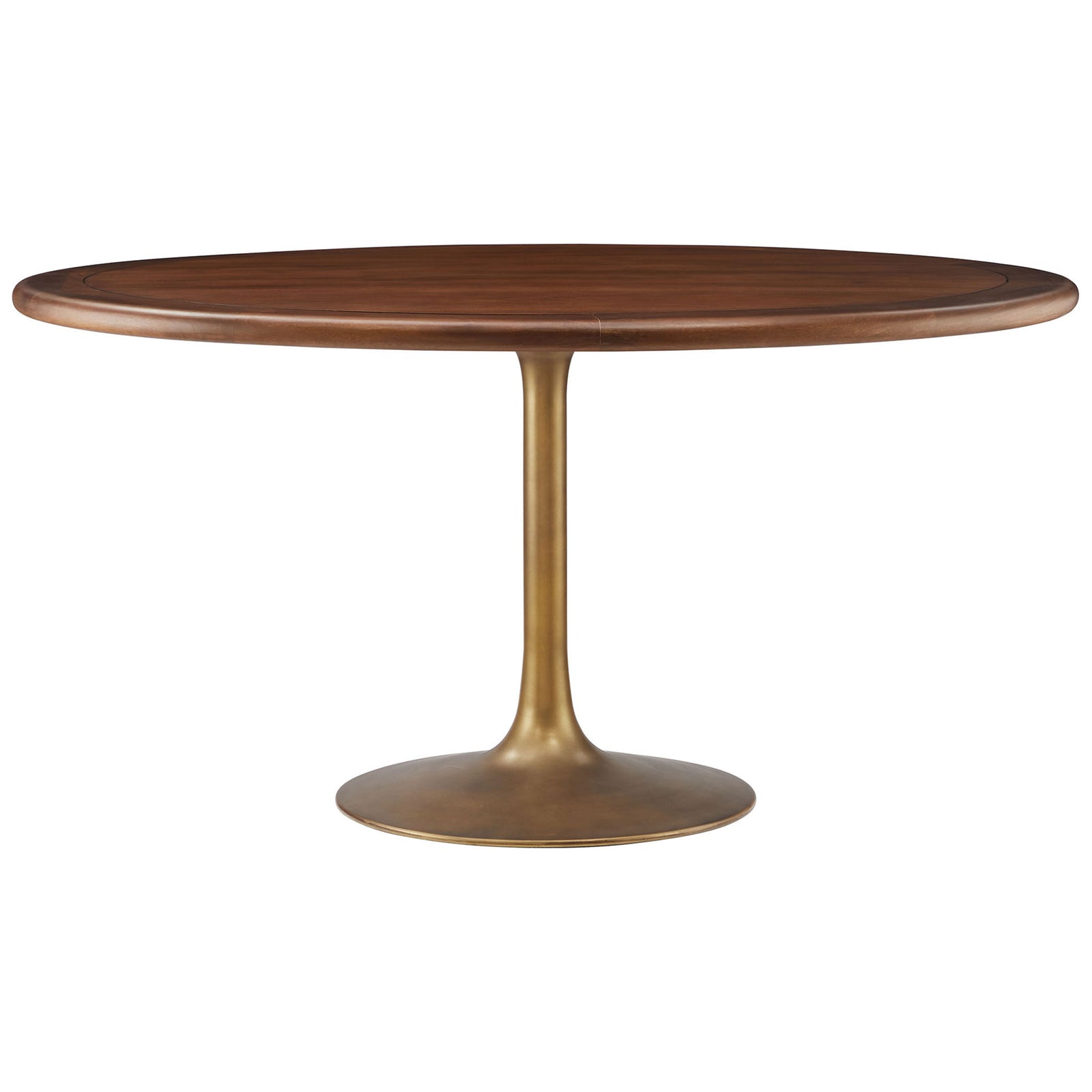 Generous 60 inch round walnut pedestal dining table with brass tulip base for hosting family dinners in style || EEI-7071-BRA-WAL || front_studio