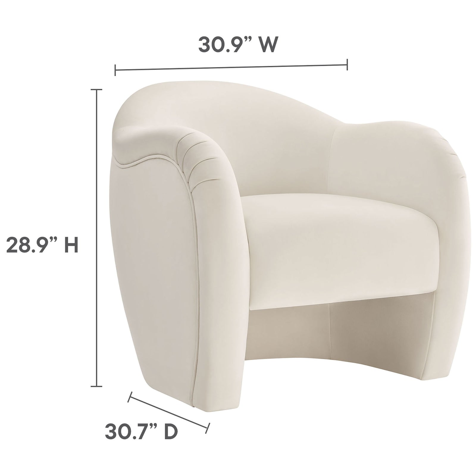 Dimensions displayed for the curved velvet accent chair for easy fit and planning || EEI-7074-ALA || dimension_studio