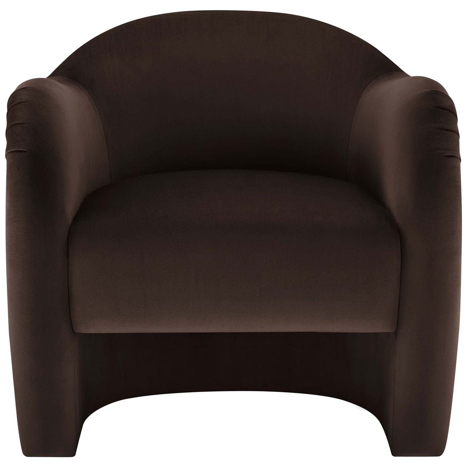 Curved barrel-back accent chair in chocolate brown performance velvet with plush seat and French piping. || EEI-7074-CHB || front_studio