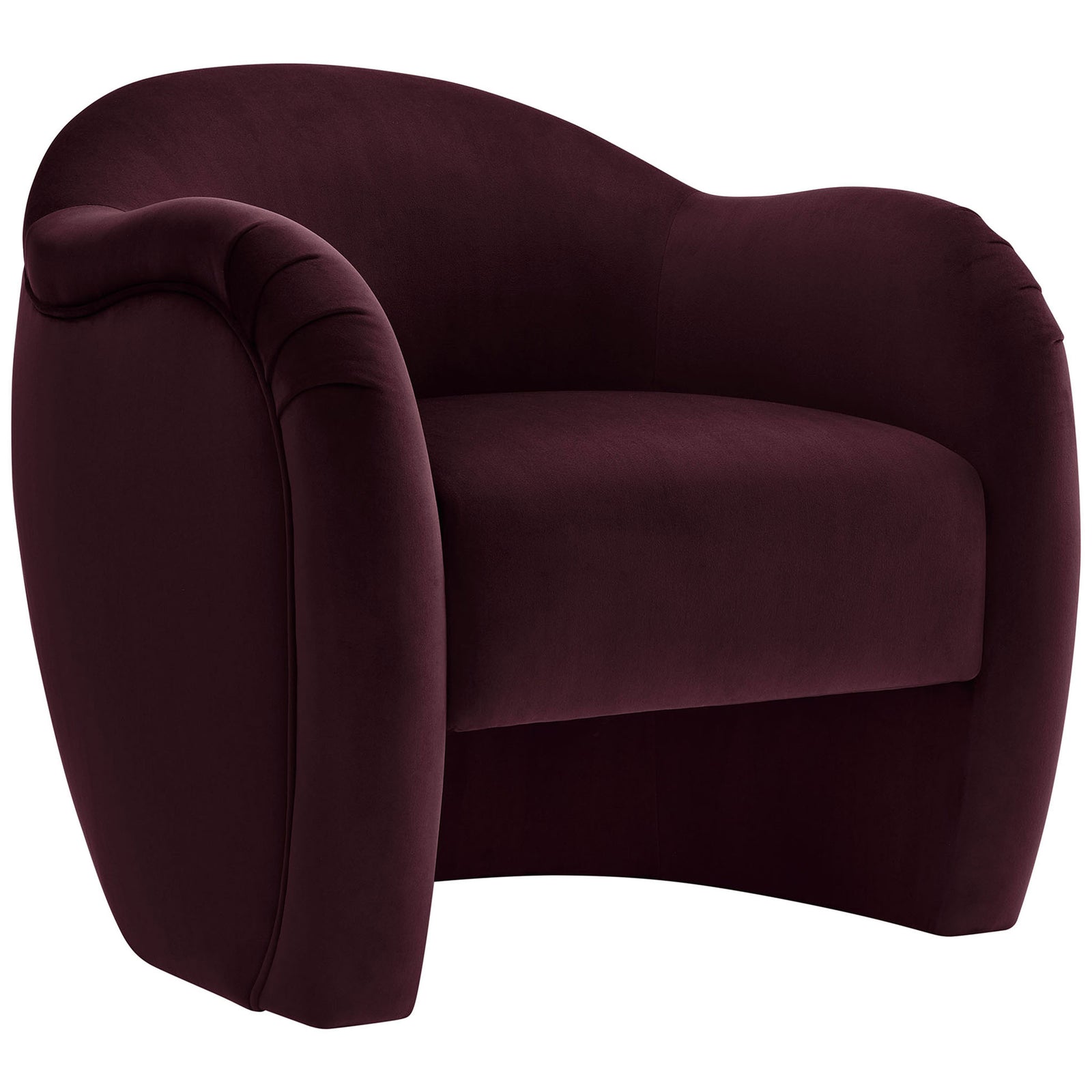 Curved mulberry velvet barrel chair with plush seat, French piping, and pleated arm folds || EEI-7074-MUL || front_angle_studio