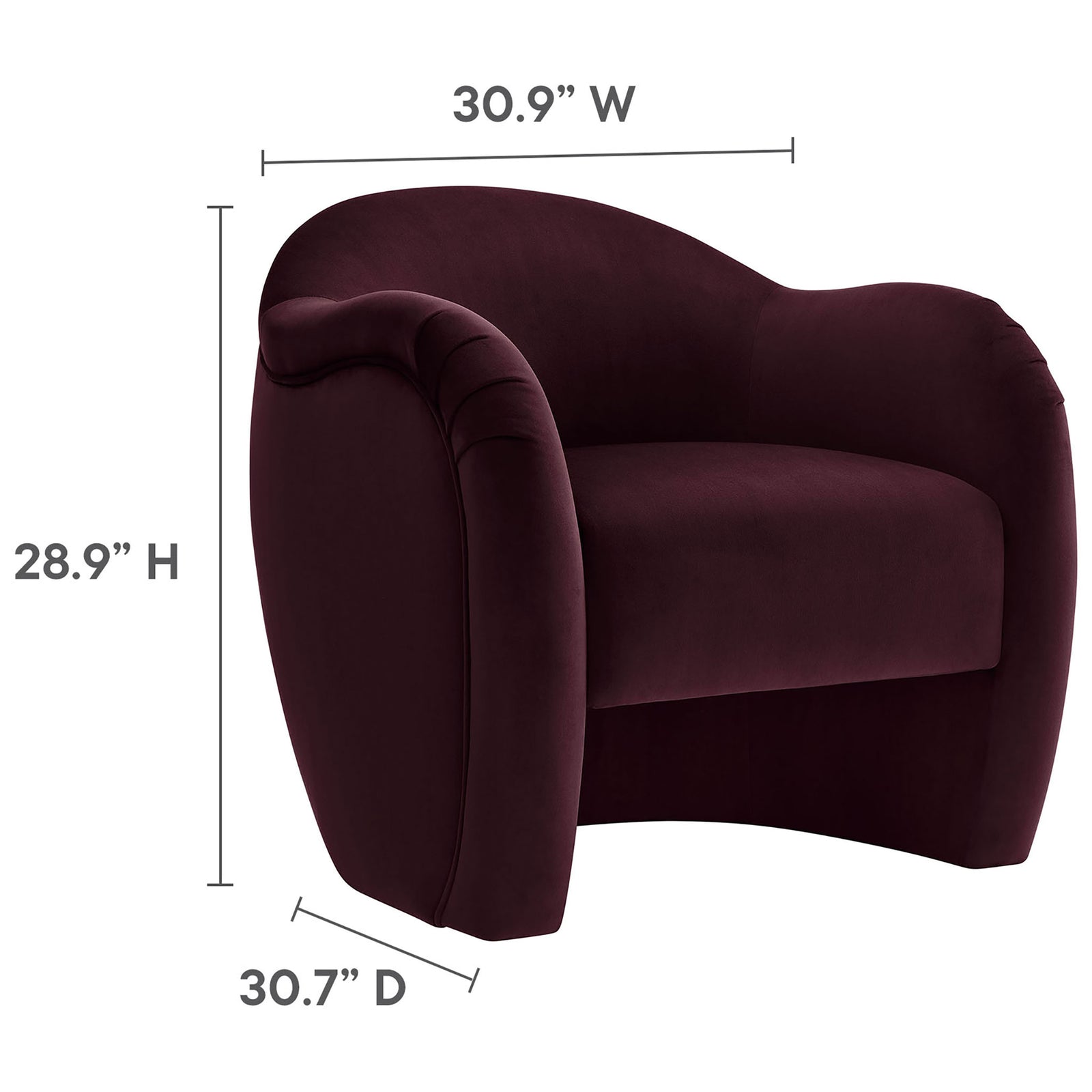 Compact barrel chair sized for easy placement, 30.9 in wide by 30.7 in deep || EEI-7074-MUL || dimension_studio