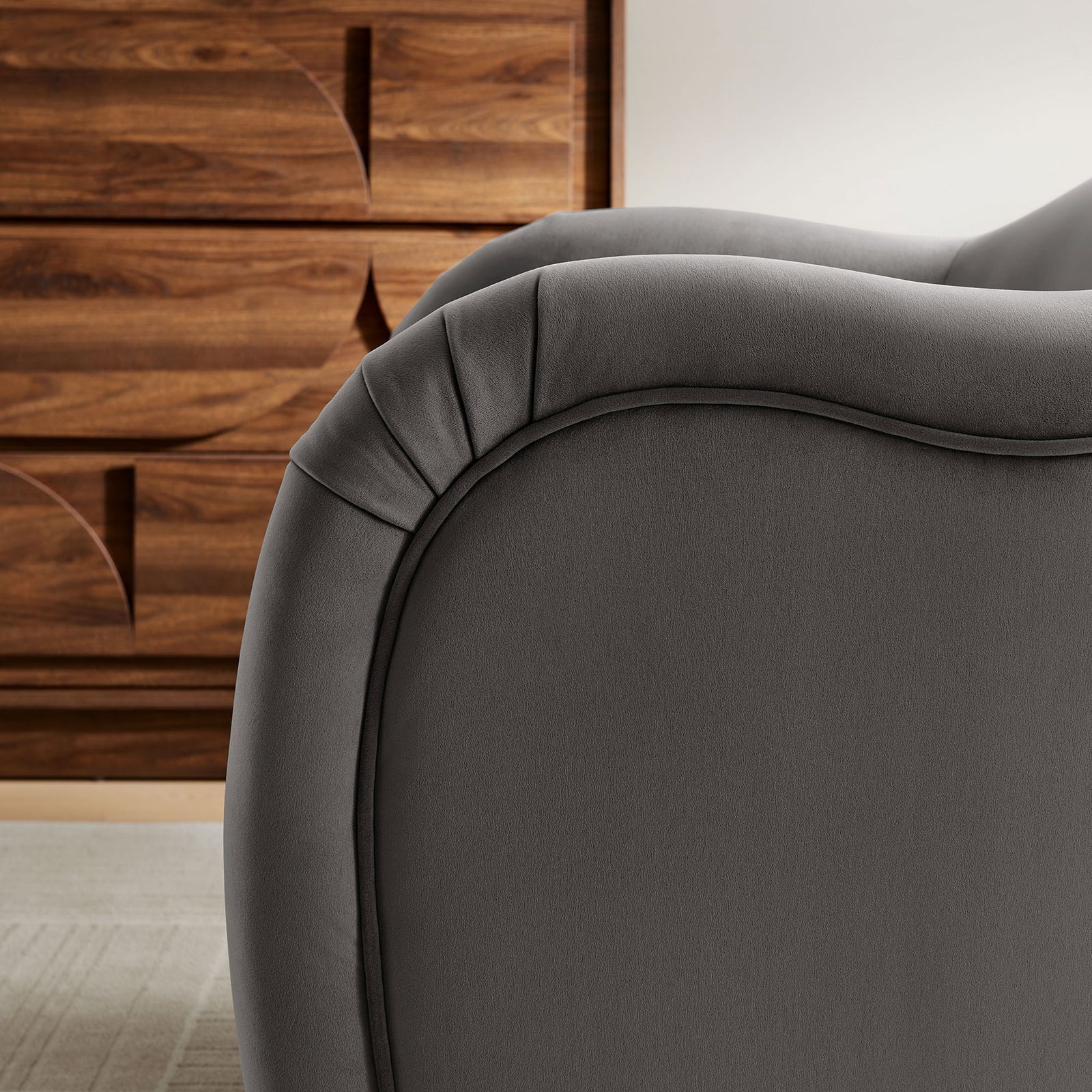 Arm pleating and piping add tailored texture to the smooth storm gray velvet || EEI-7074-STG || detail_room