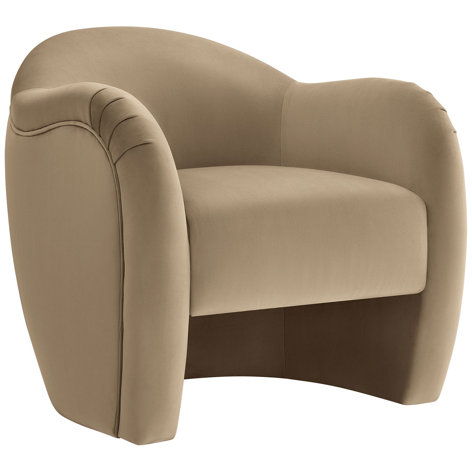 Curved barrel silhouette in taupe performance velvet with arched base and supportive, generously padded seat || EEI-7074-TAU || front_angle_studio