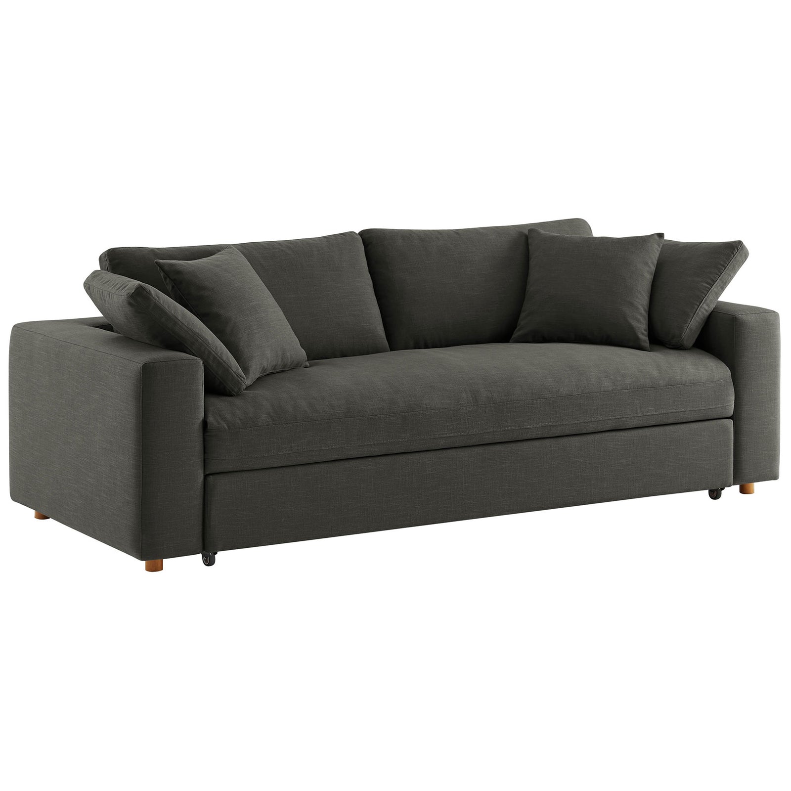 Charcoal gray Commix sleeper sofa with deep seat and four plush pillows for relaxed lounging || EEI-7080-GRY || front_angle_studio