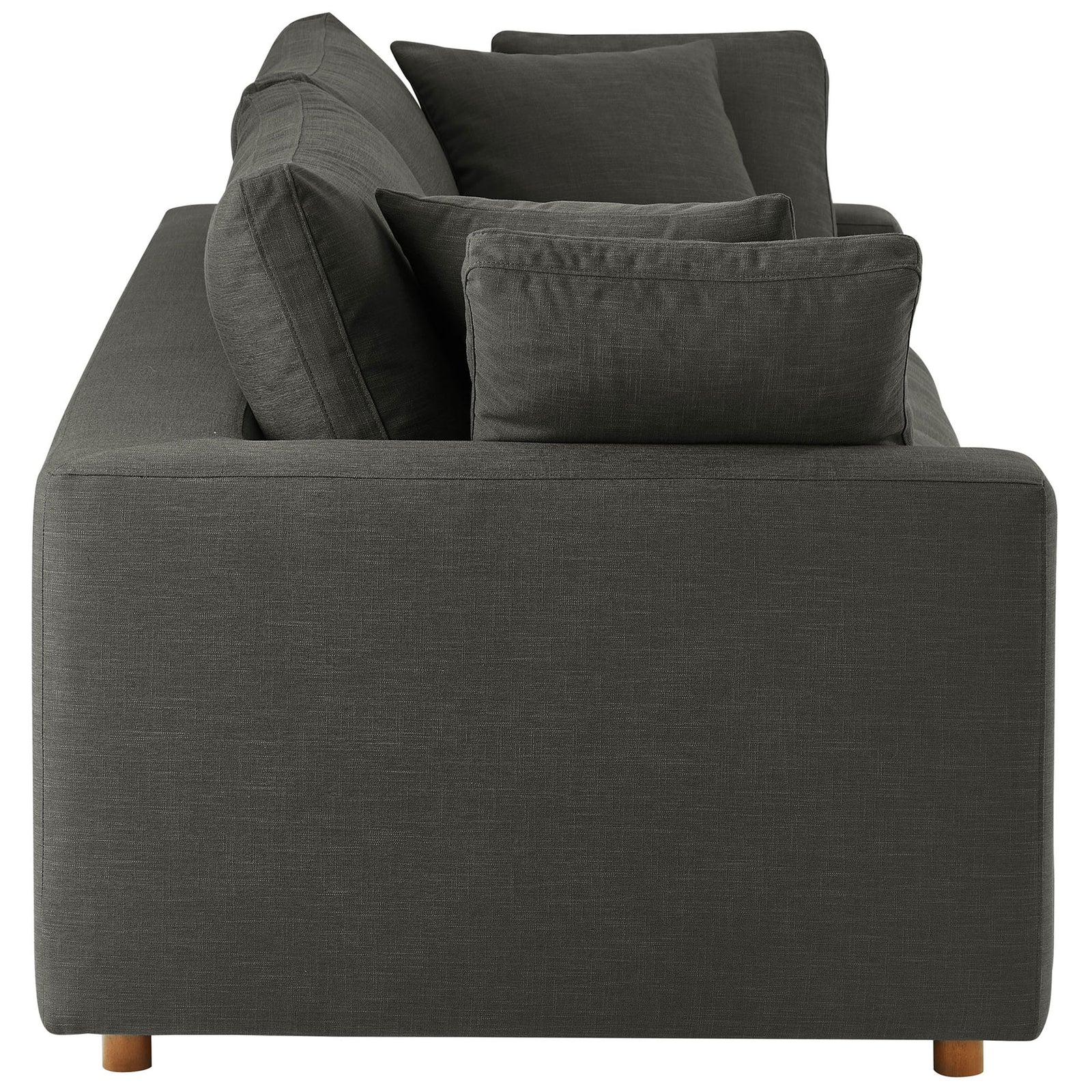 Modern track-arm sleeper sofa in gray upholstery showing generous armrest and plush cushions || EEI-7080-GRY || side_studio