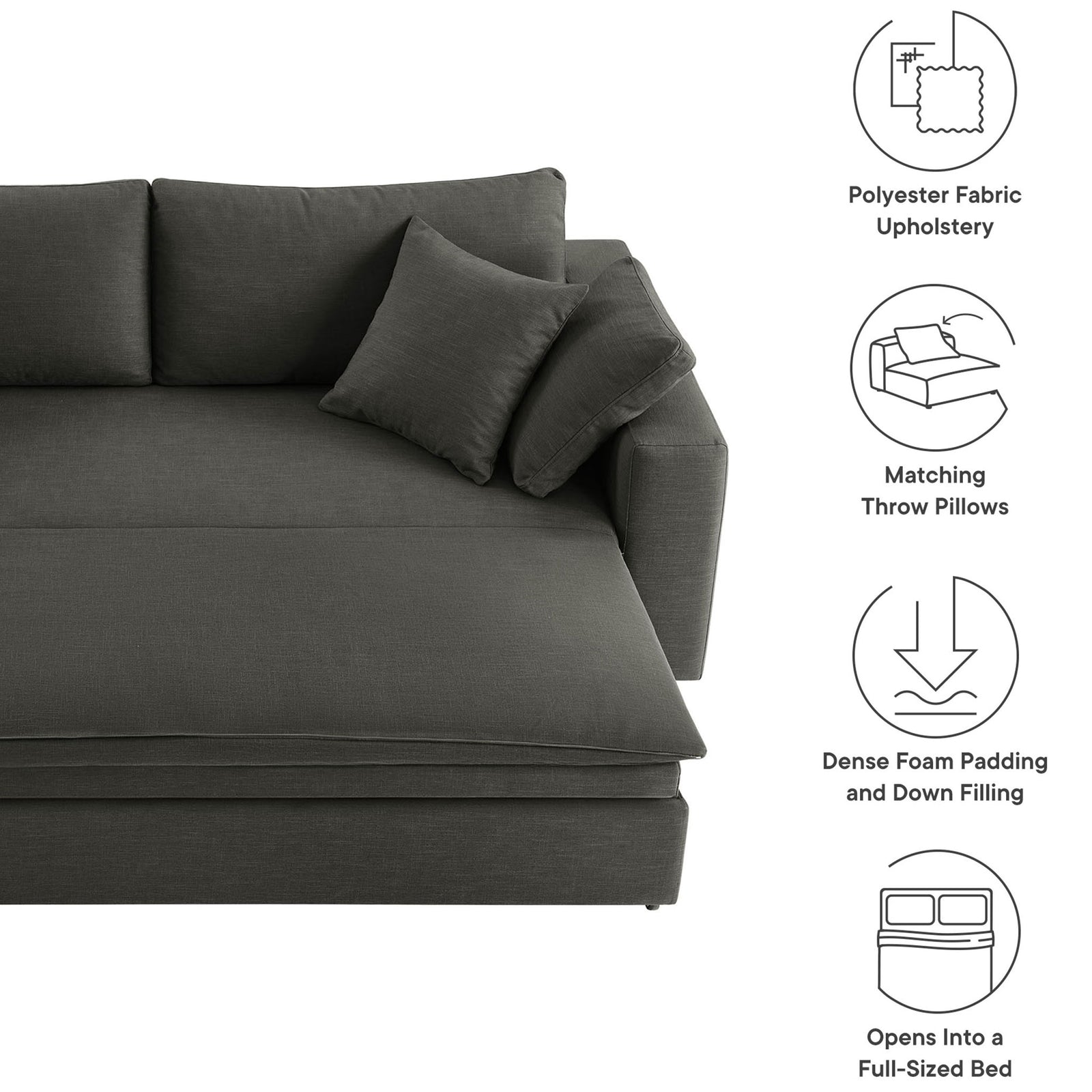 Key features of the gray Commix sleeper sofa including fabric upholstery, pillows, and down-filled comfort || EEI-7080-GRY || callout_studio