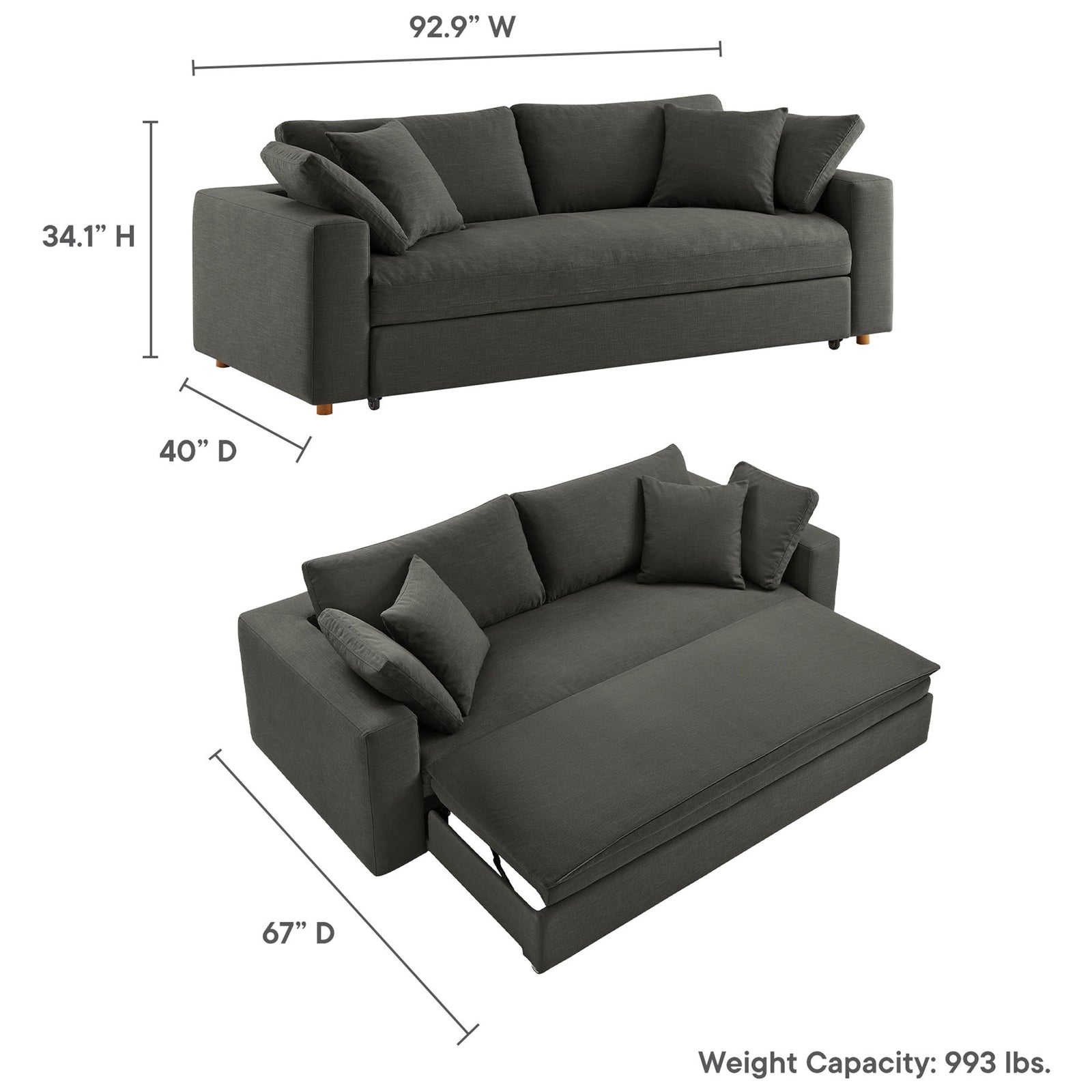 Dimensions and weight capacity diagram for the Commix gray sleeper sofa and pull-out bed || EEI-7080-GRY || dimension_studio