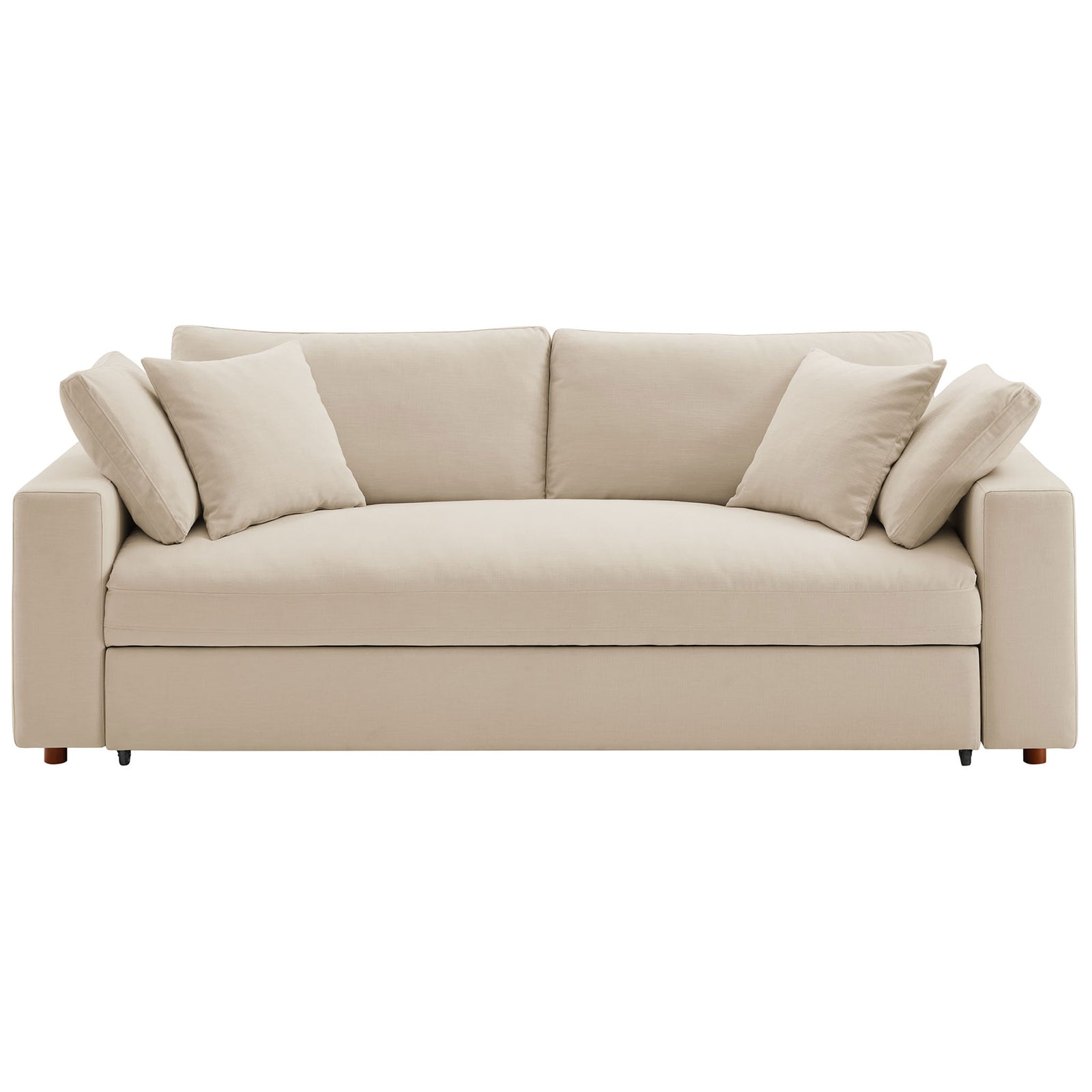Light beige sleeper sofa with overstuffed bench seat and four matching accent pillows || EEI-7080-LBG || front_studio