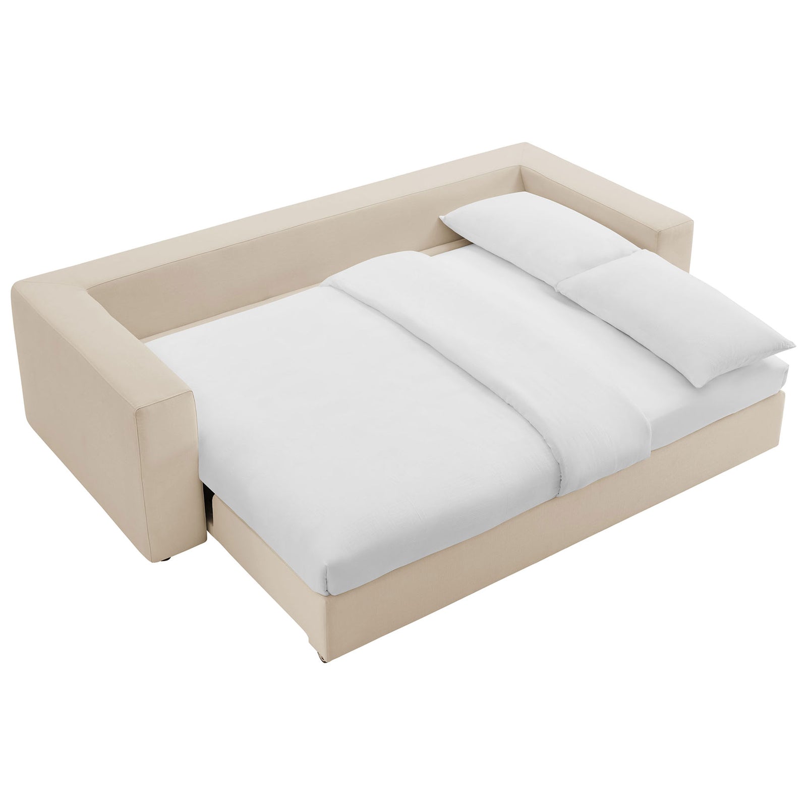 Sleeper sofa opened into a spacious full-size bed with crisp white bedding and plush pillows || EEI-7080-LBG || front_angle_converted_studio