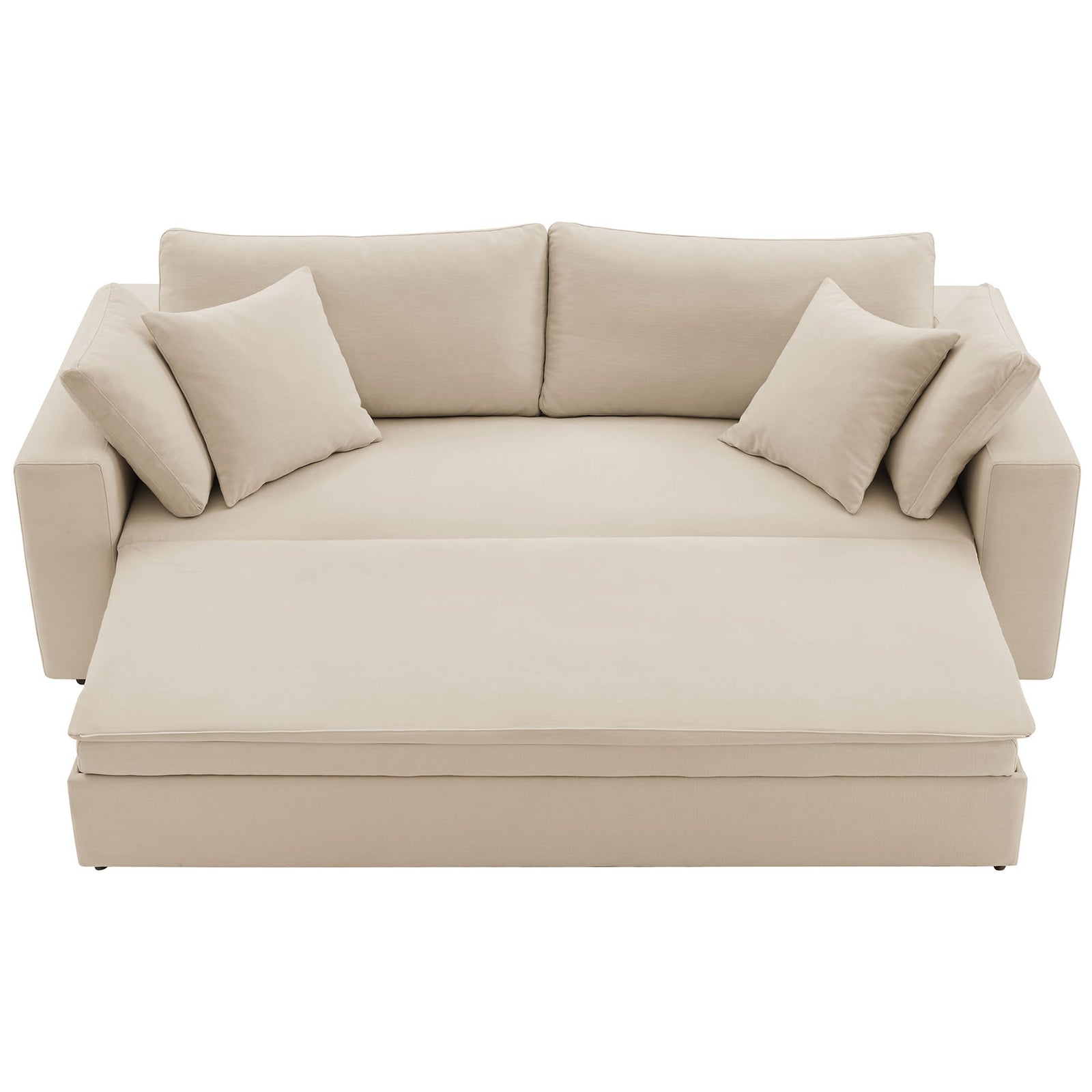 Sleeper sofa extended forward to reveal a wide, cushioned sleeping platform in soft light beige || EEI-7080-LBG || front_converted_studio