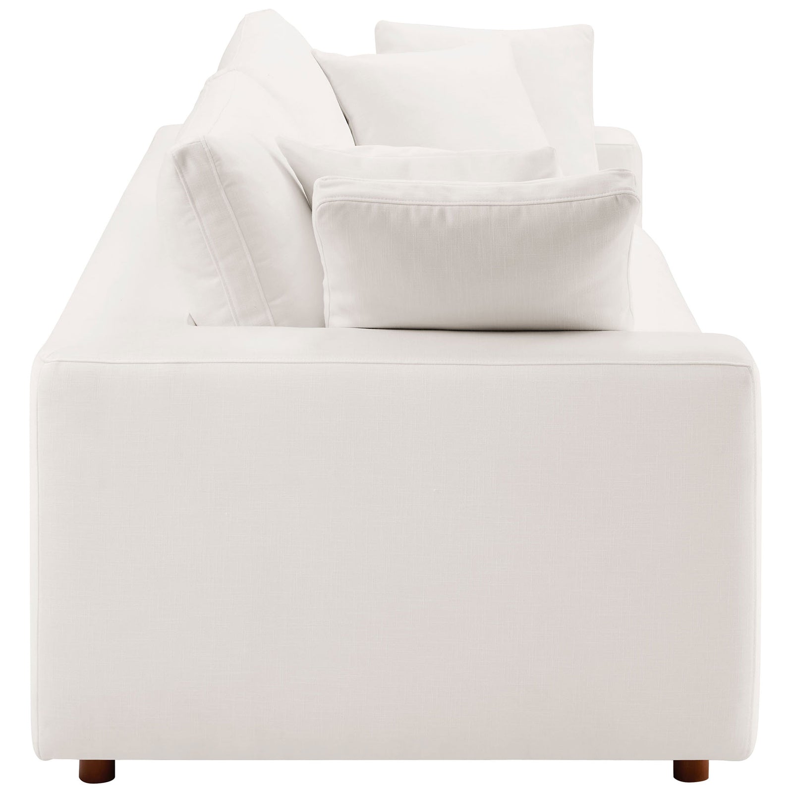 Boxy arm and plush layered cushions showcase the generous depth of this pure white sleeper sofa || EEI-7080-PUW || side_studio