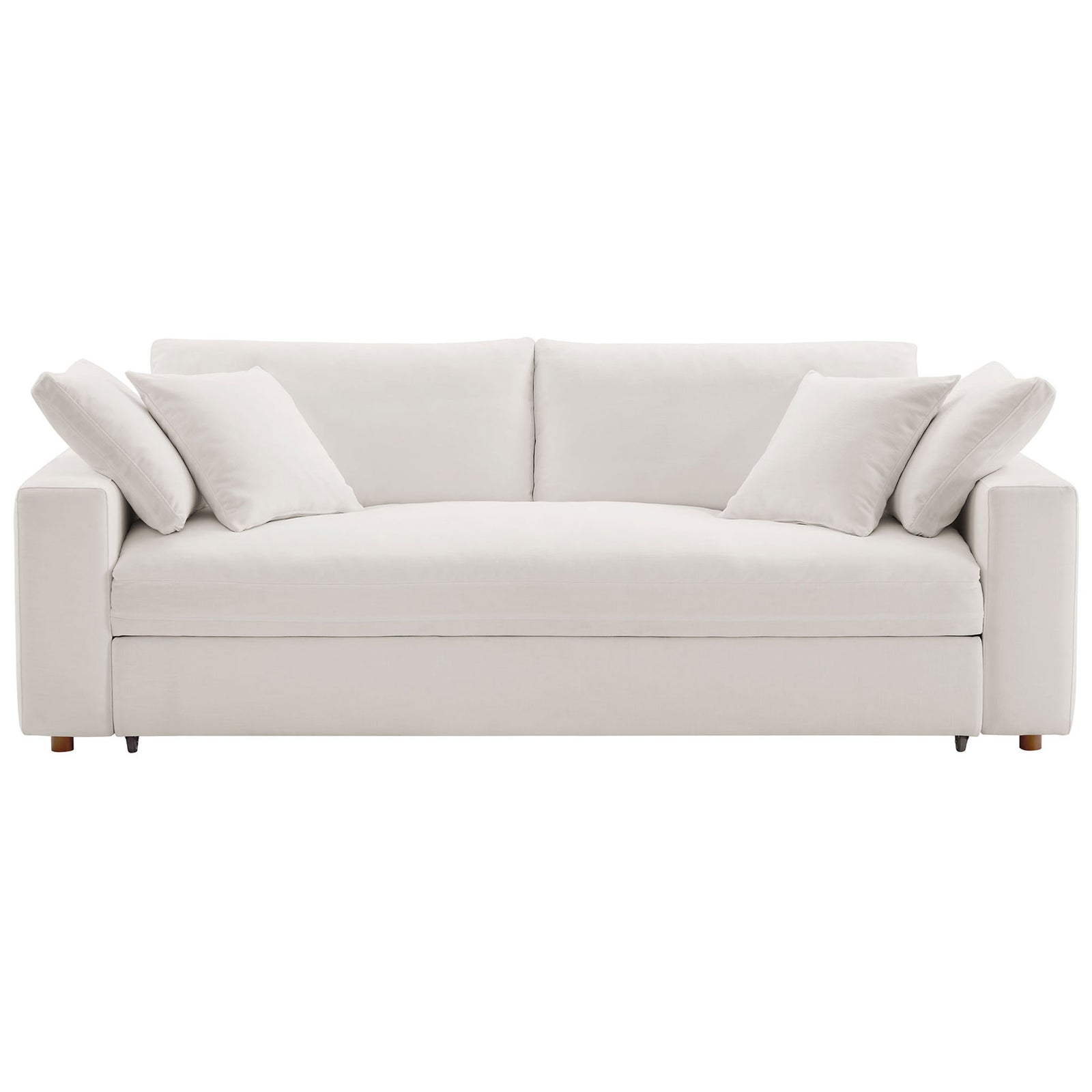 Pure white down-filled sleeper sofa with generous bench seat and four cozy throw pillows || EEI-7080-PUW || front_studio