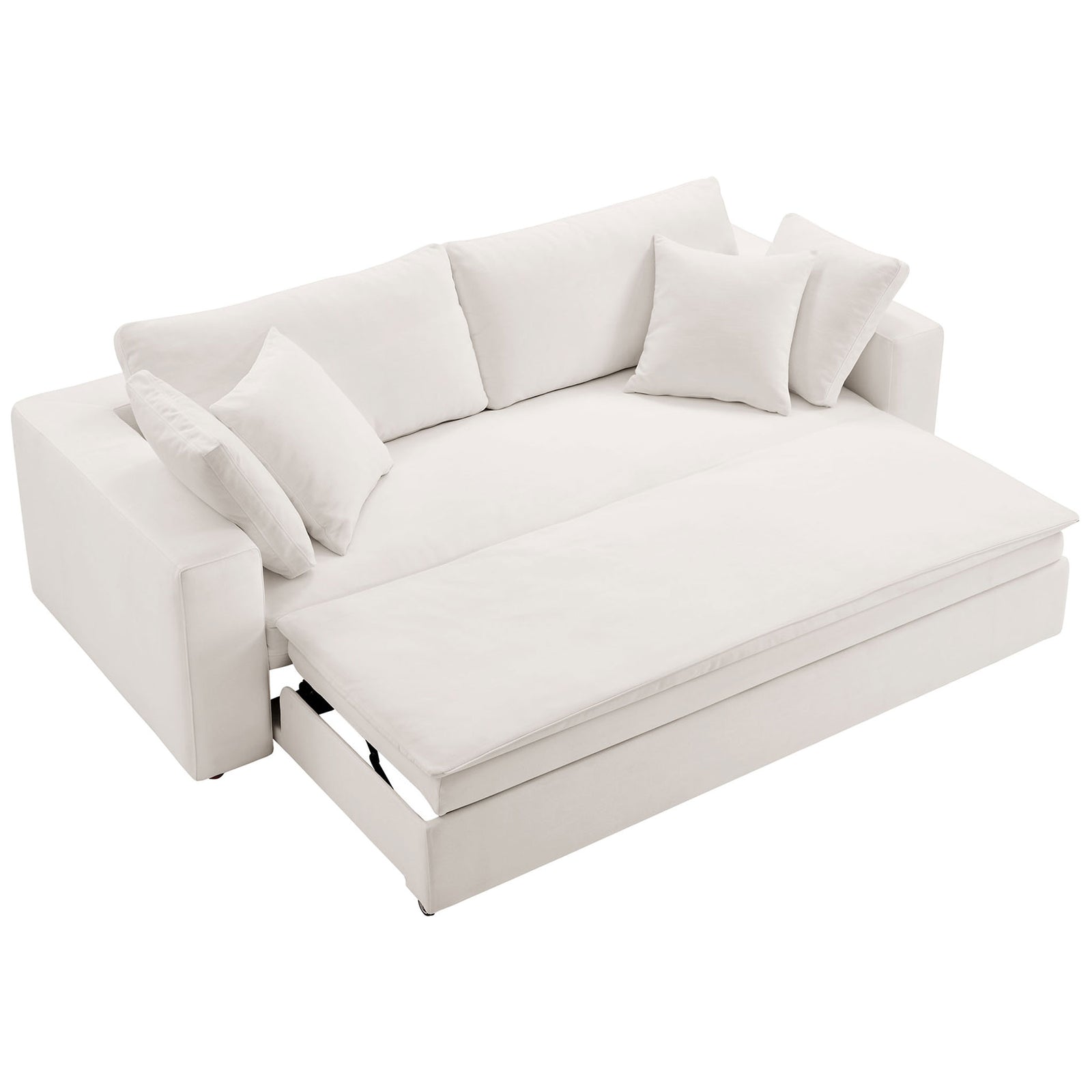 Sleeper sofa showing pull-out base with plush mattress panel ready to convert into a roomy bed || EEI-7080-PUW || front_angle_converted_studio