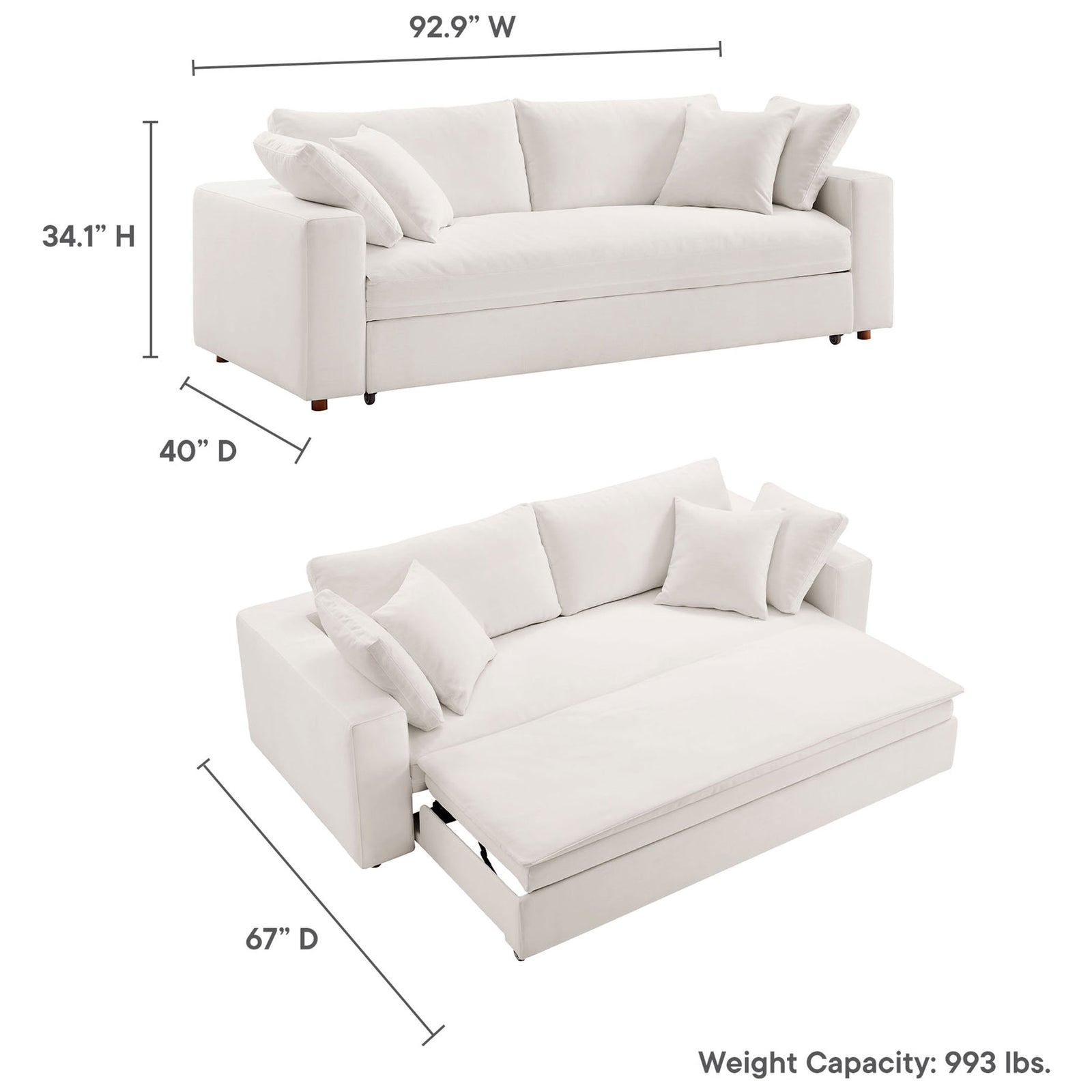 Dimension graphic showing overall sofa and extended bed measurements with weight capacity details || EEI-7080-PUW || dimension_studio