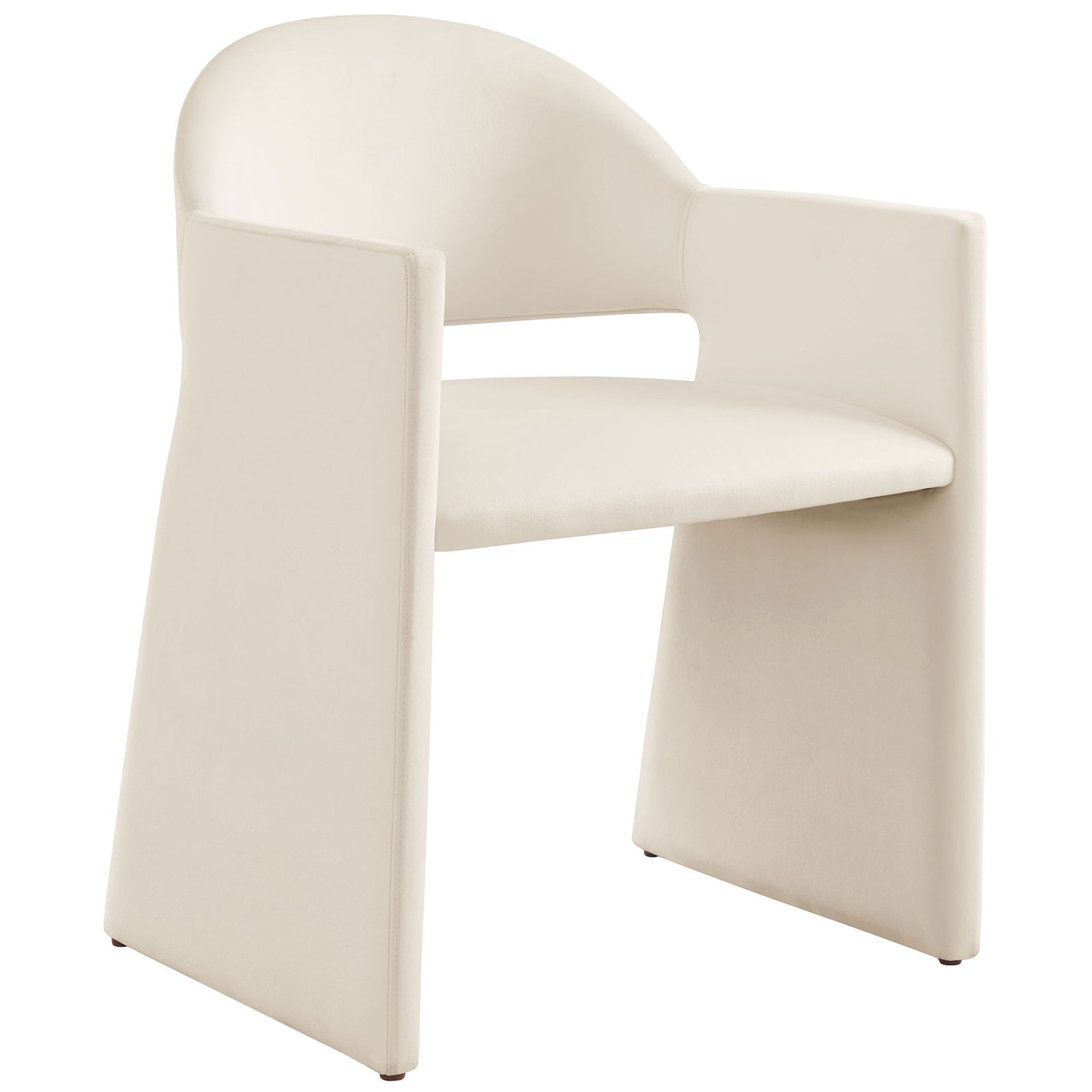 Curved alabaster velvet dining armchair with sculpted barrel back and wide sled-style legs || EEI-7081-ALA || front_angle_studio