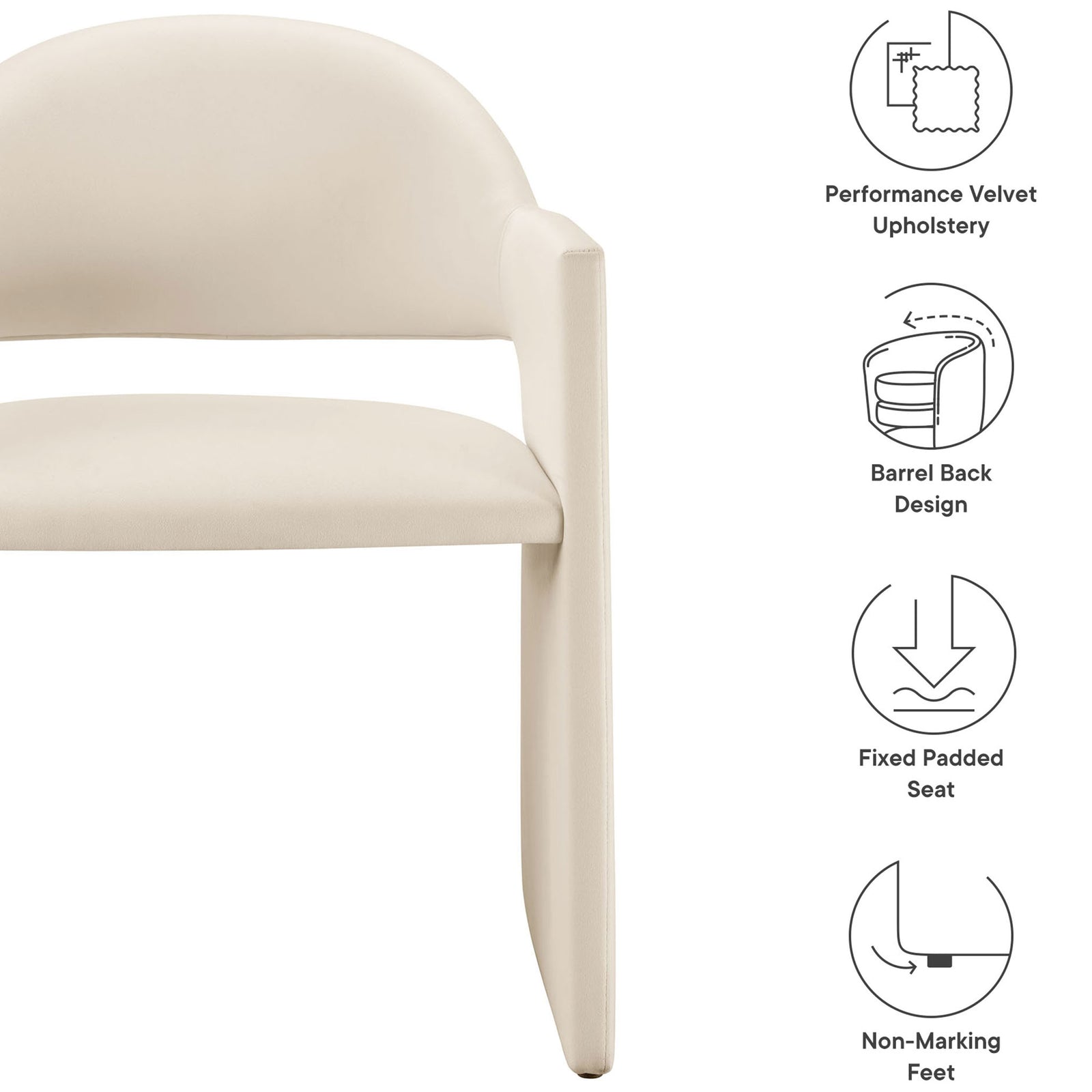 Feature graphic of Talia alabaster velvet dining armchair with notes on velvet, barrel back, seat, and non-marking feet || EEI-7081-ALA || callout_studio