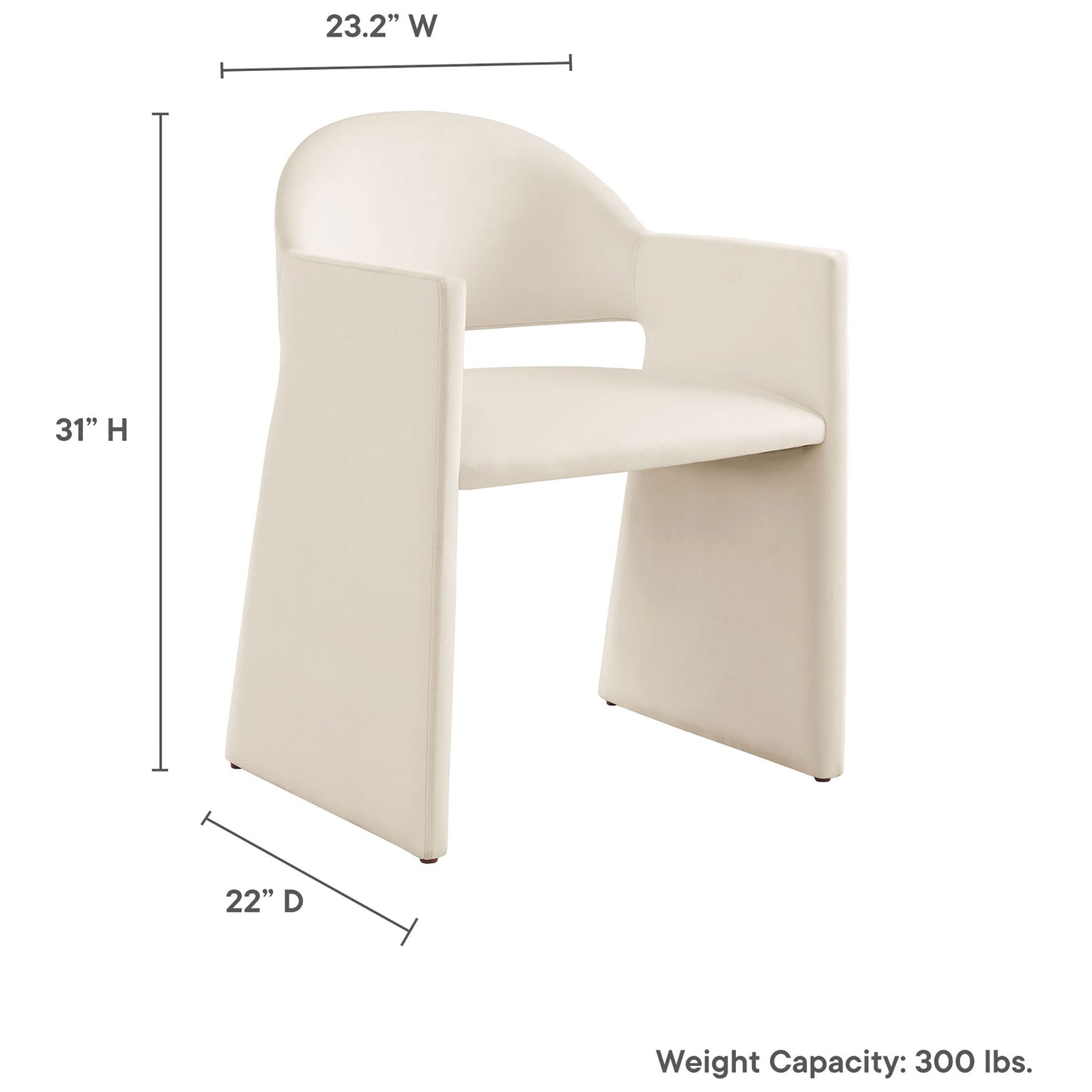 Dimension graphic for Talia alabaster velvet dining armchair showing width, height, depth, and 300 lb weight capacity || EEI-7081-ALA || dimension_studio