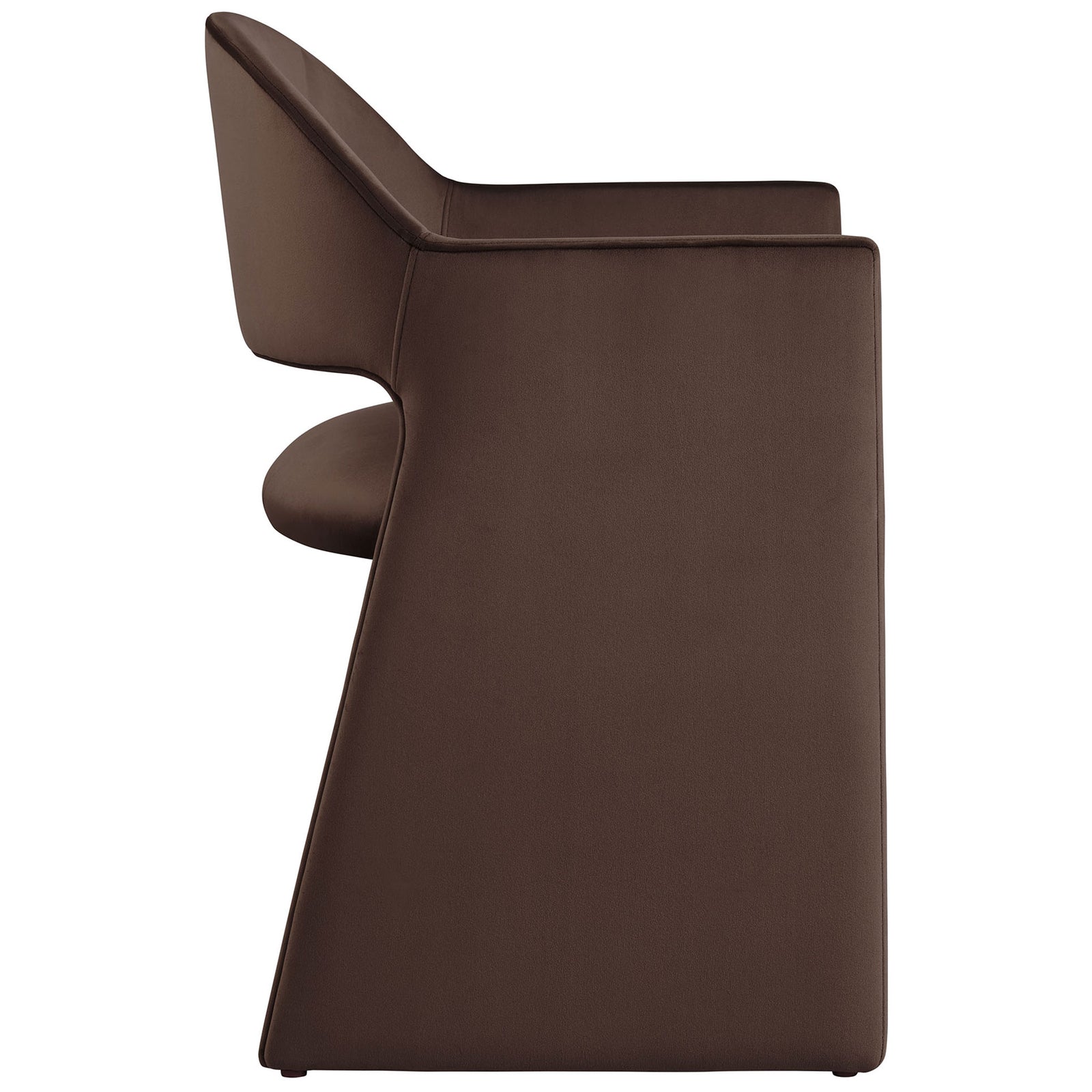 Modern dining armchair in chocolate velvet with wraparound barrel back and sleek floor-length side panels. || EEI-7081-CHB || side_studio
