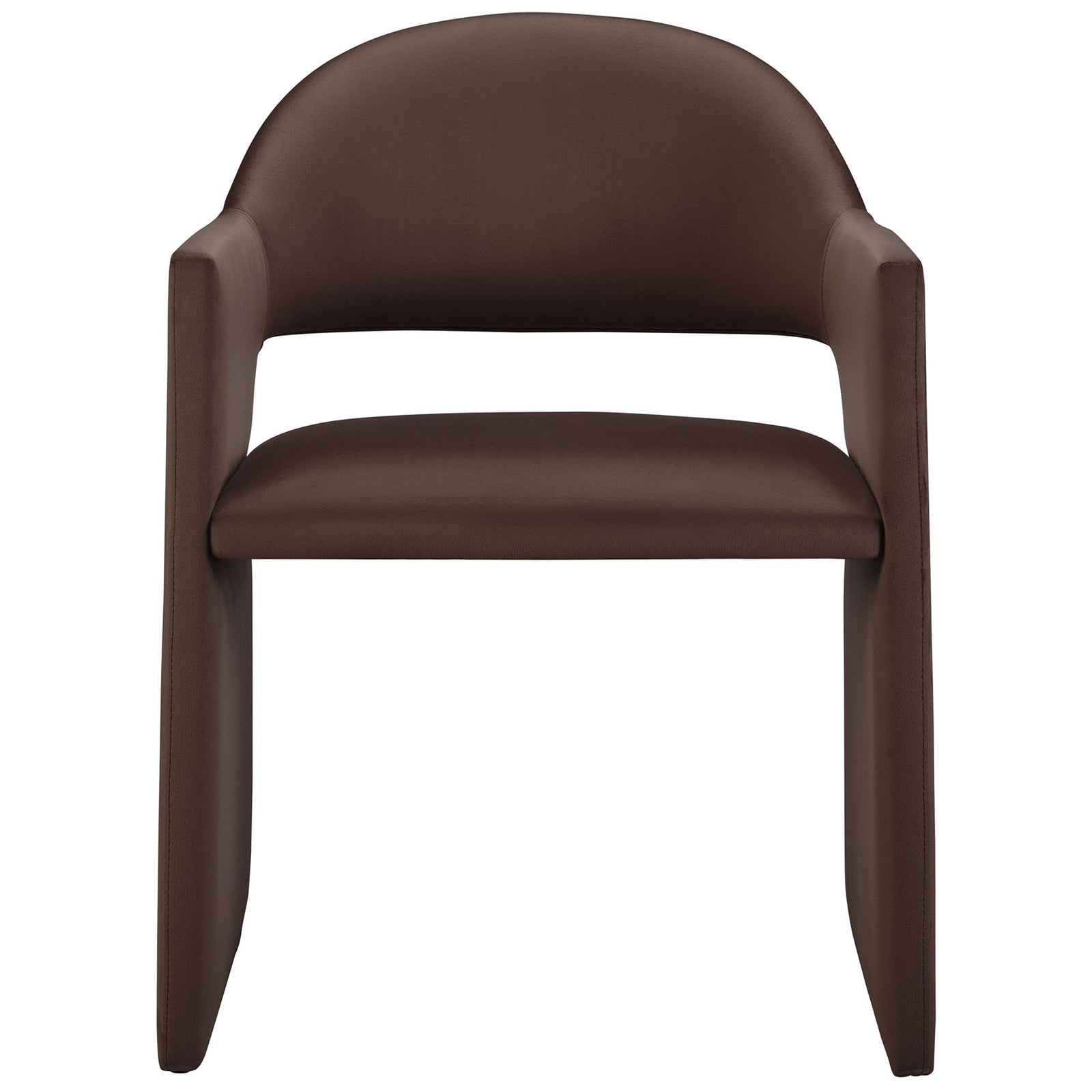 Chocolate brown performance velvet dining armchair with curved barrel back and wide floor-length arms. || EEI-7081-CHB || front_studio