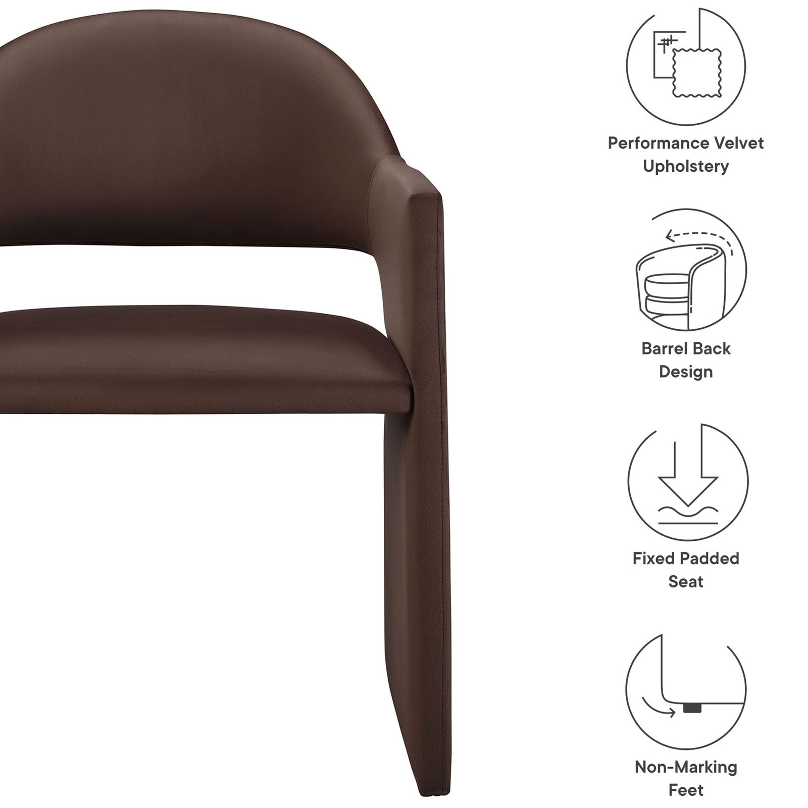Brown velvet dining armchair with callouts for performance fabric, barrel back, padded seat, and non-marking feet. || EEI-7081-CHB || callout_studio