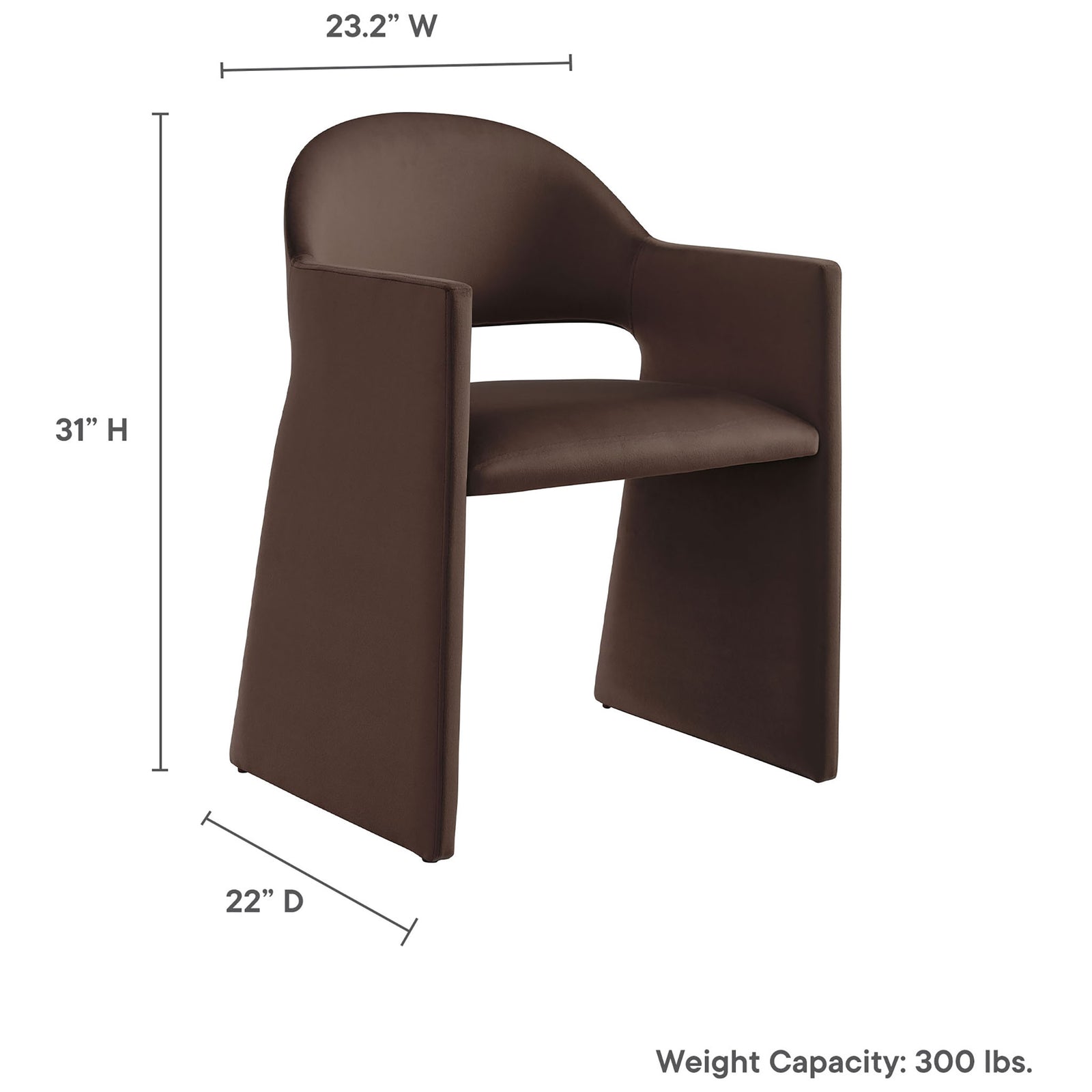 Brown velvet dining armchair with dimensions and 300 lb weight capacity shown over its sleek modern silhouette. || EEI-7081-CHB || dimension_studio
