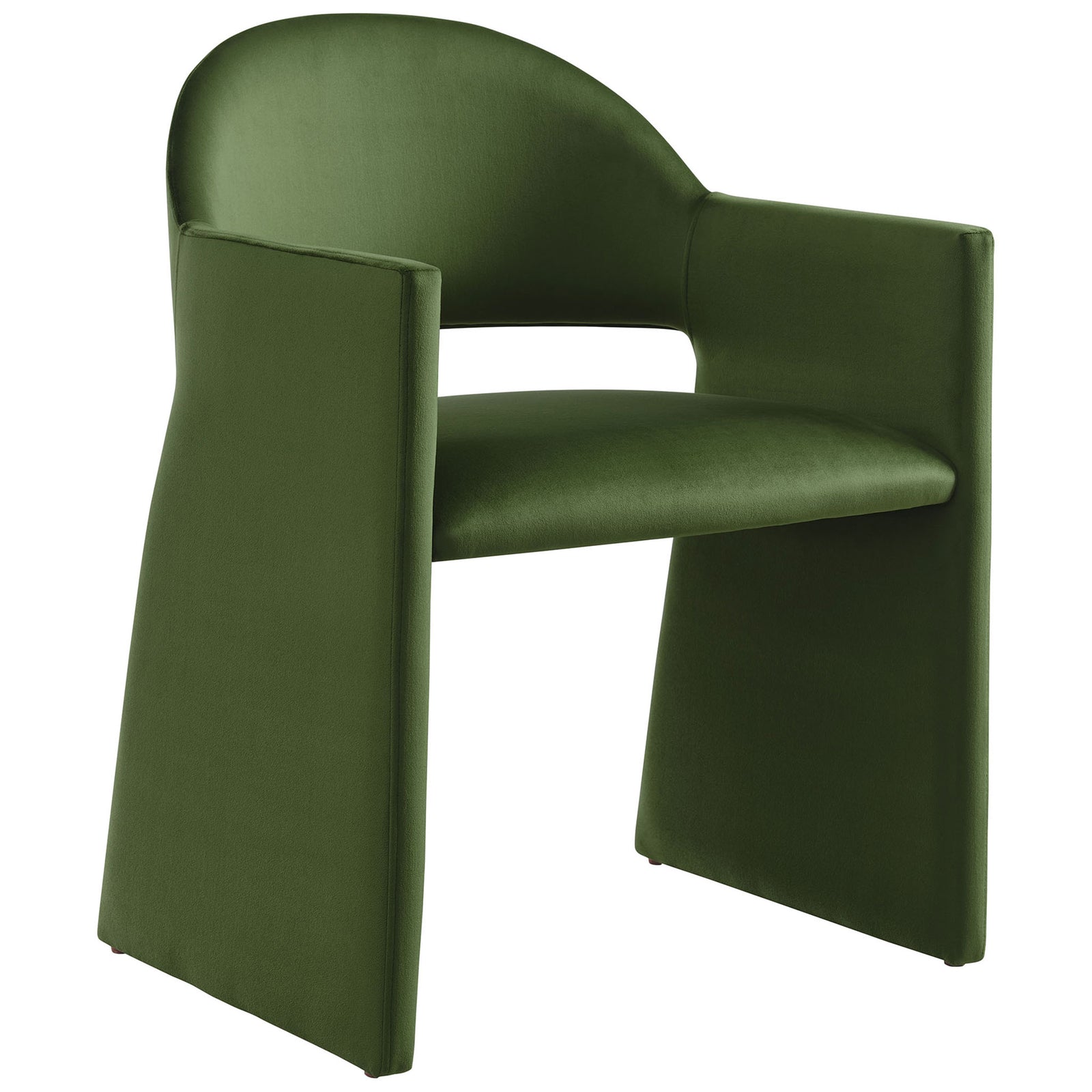 Modern moss green velvet dining armchair with curved barrel back, open seat back, and wide floor-length arm panels. || EEI-7081-MOG || front_angle_studio