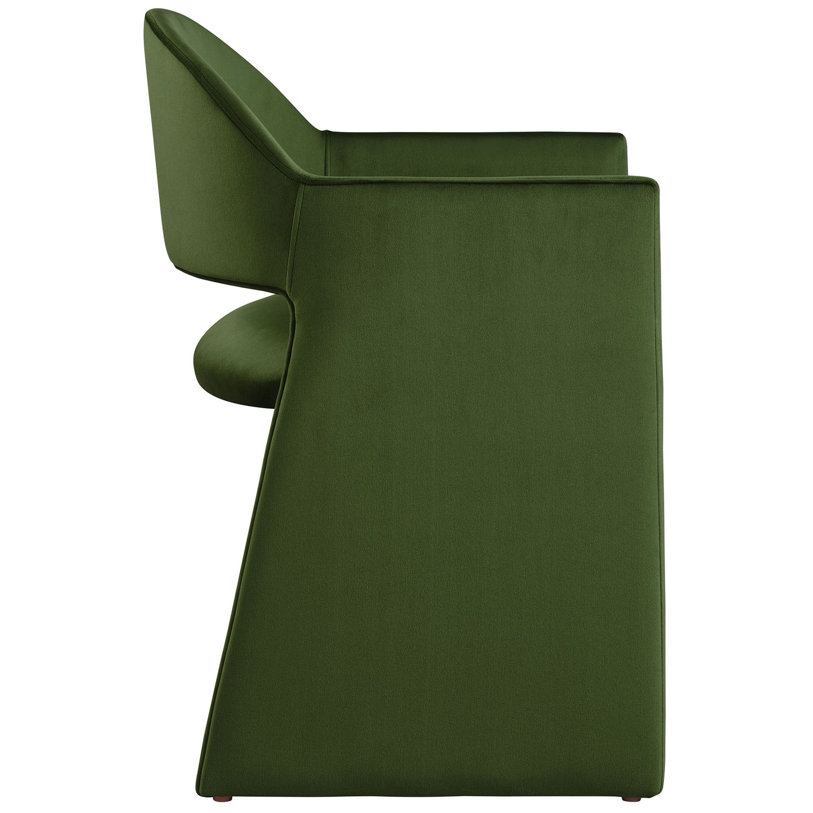 Moss green velvet barrel-back dining armchair with sleek side silhouette, sculpted seat, and floor-length arms. || EEI-7081-MOG || side_studio