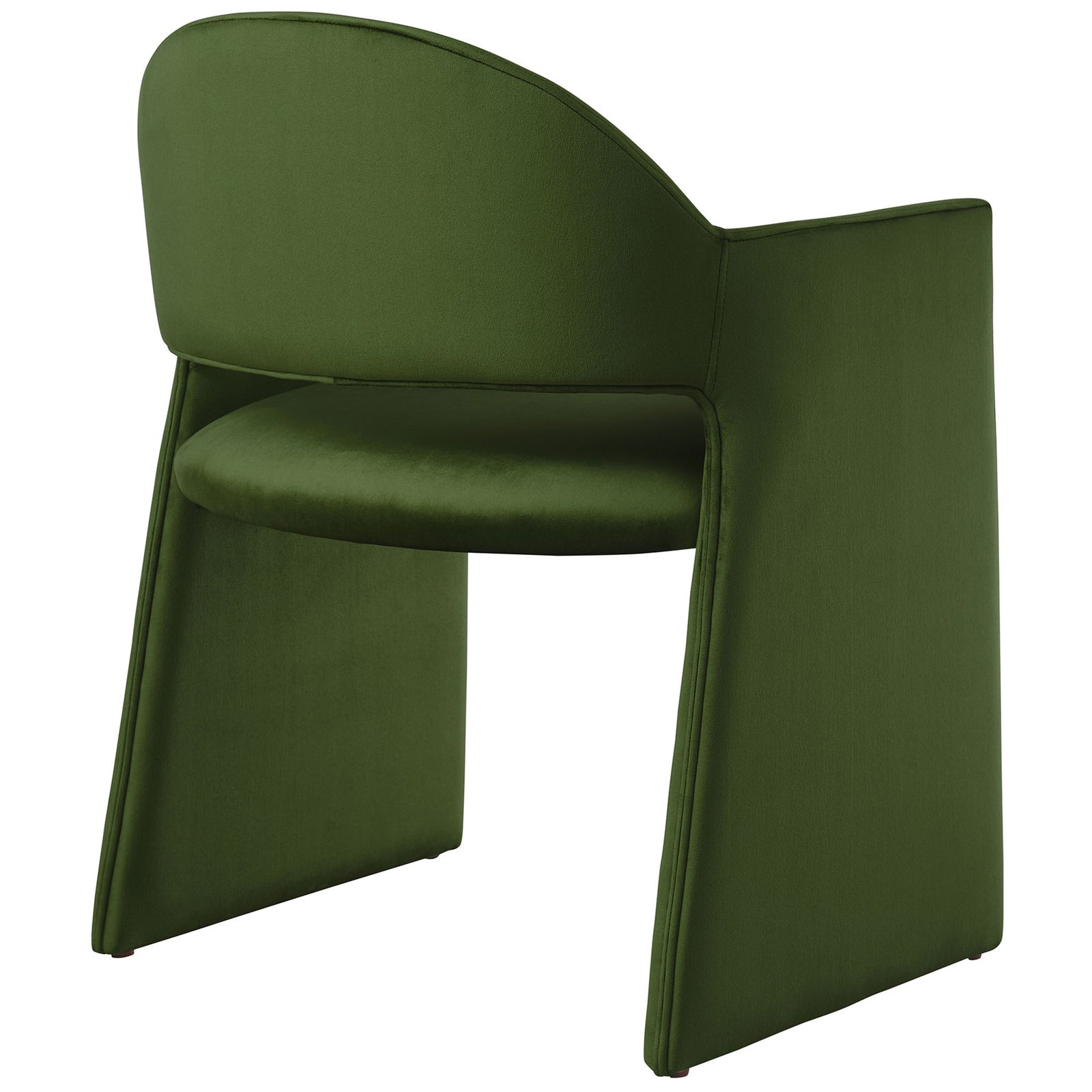 Moss green velvet dining armchair with smooth rounded backrest and sculptural base that flows into the arm panels. || EEI-7081-MOG || back_angle_studio