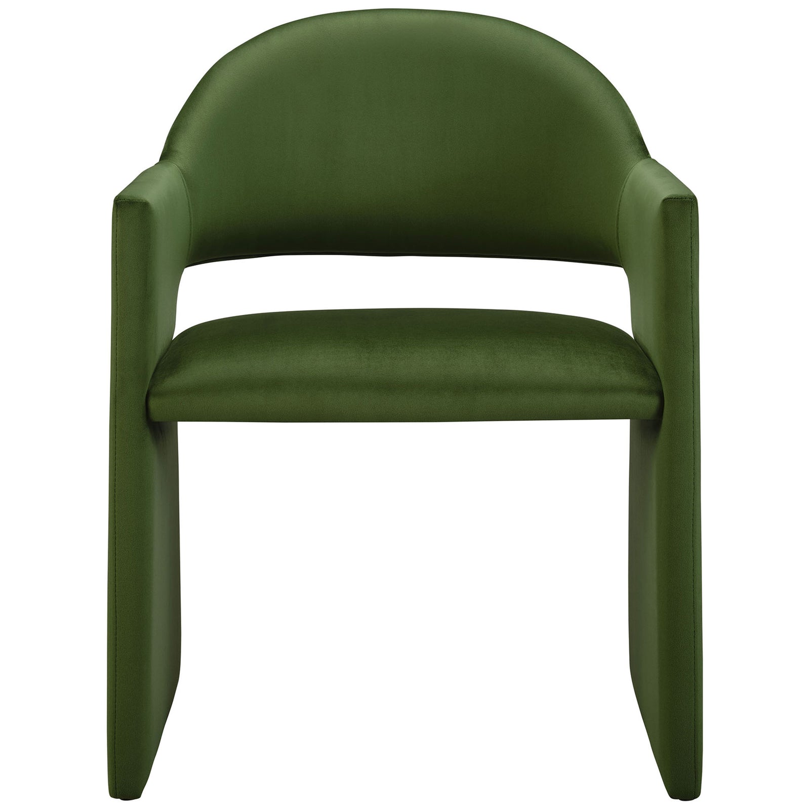 Moss green velvet barrel-back dining armchair with sculptural angular arms and an open-back silhouette. || EEI-7081-MOG || front_studio