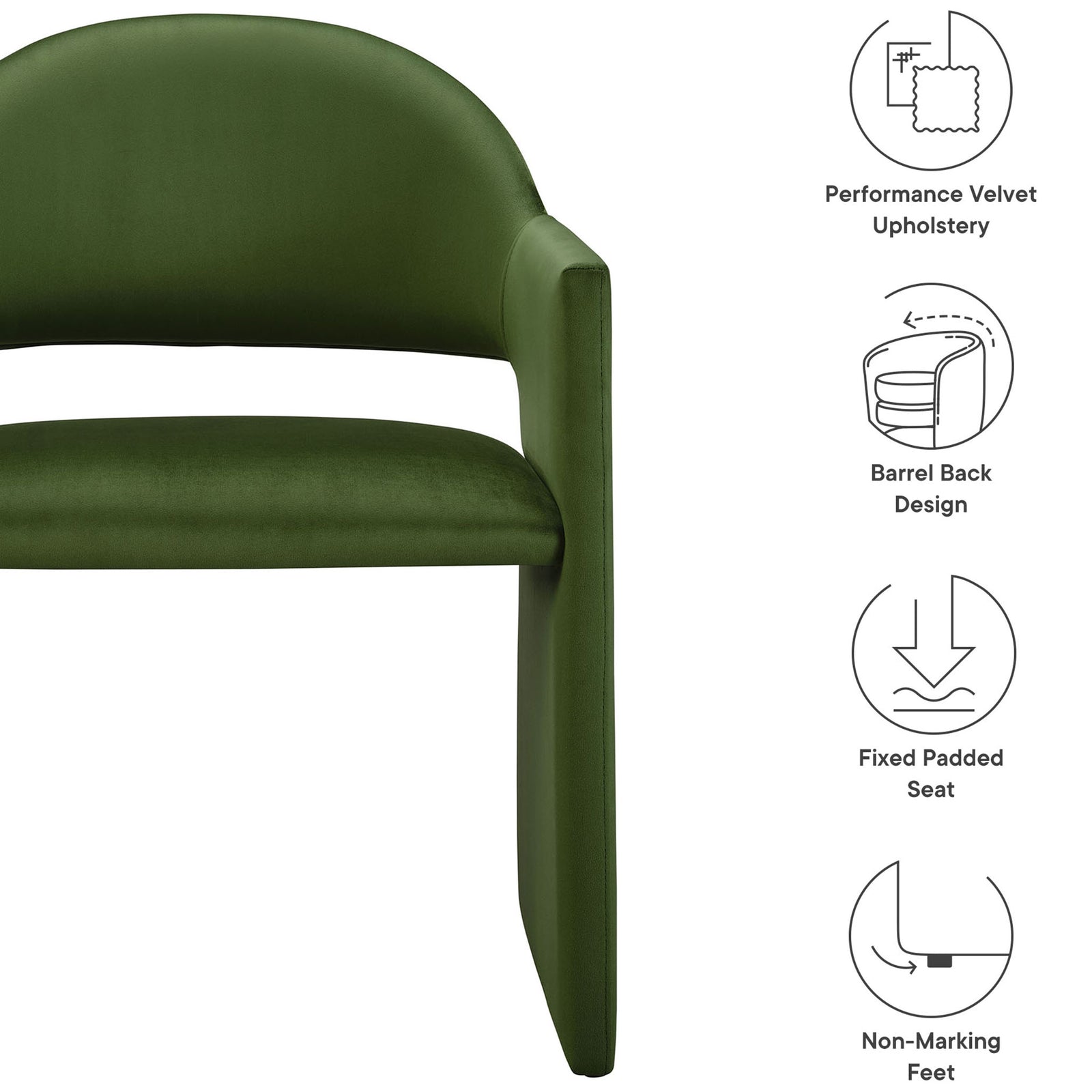 Moss green velvet Talia dining armchair with icons for velvet upholstery, barrel-back comfort, and non-marking feet. || EEI-7081-MOG || callout_studio
