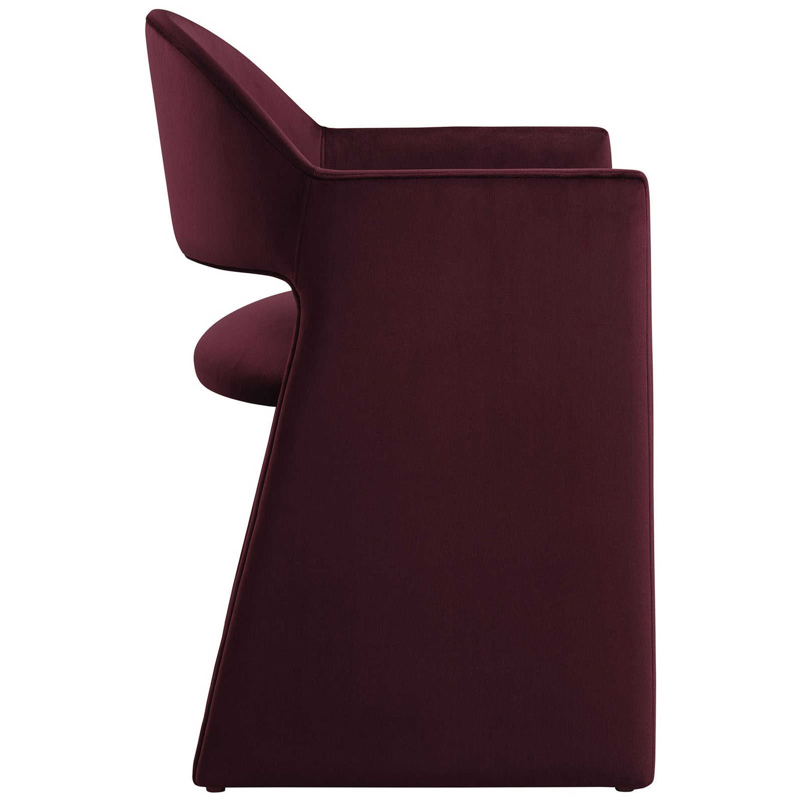 Sleek side profile of mulberry velvet armchair showcasing barrel back curve and modern sled-style base || EEI-7081-MUL || side_studio