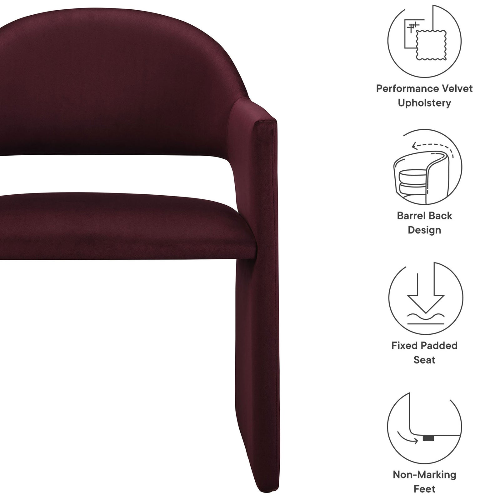 Feature callouts highlighting performance velvet upholstery, barrel back design, padded seat, and non-marking feet || EEI-7081-MUL || callout_studio