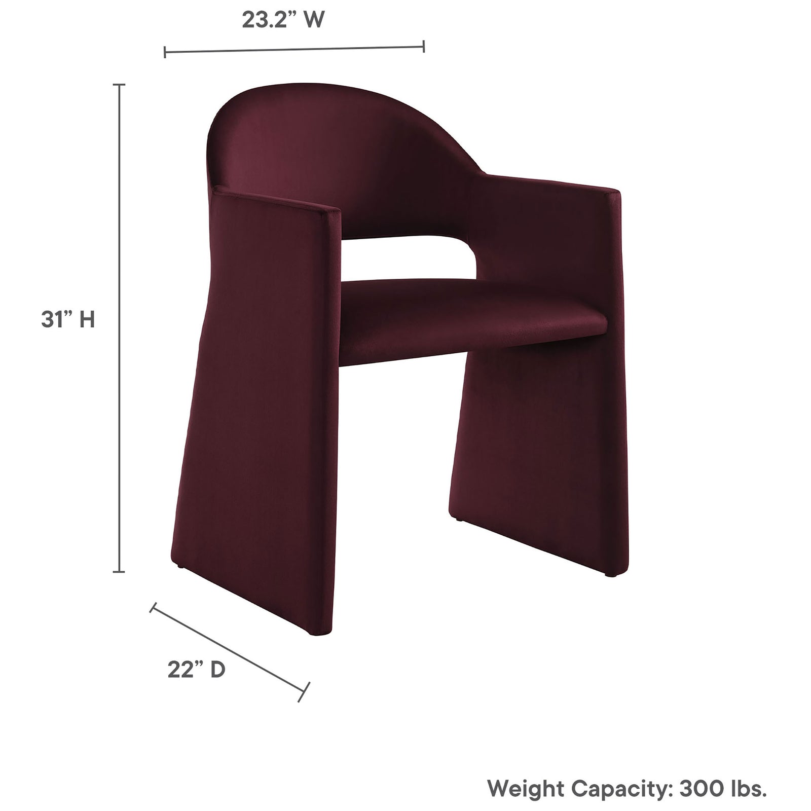 Dimension diagram of mulberry velvet dining armchair with labeled width, depth, height, and weight capacity || EEI-7081-MUL || dimension_studio