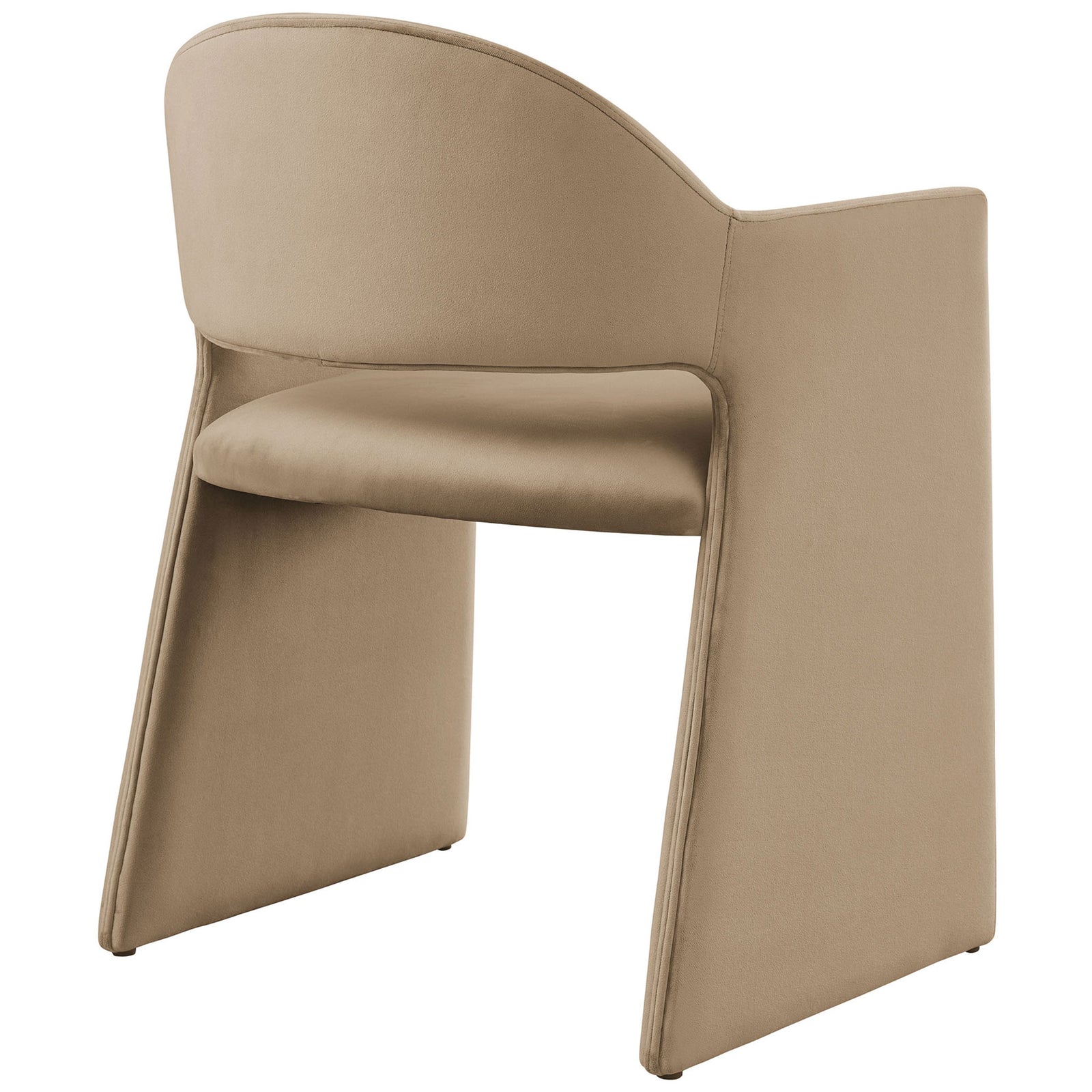 Curved barrel-back taupe velvet dining armchair showcasing the smooth back and rear leg panels || EEI-7081-TAU || back_angle_studio