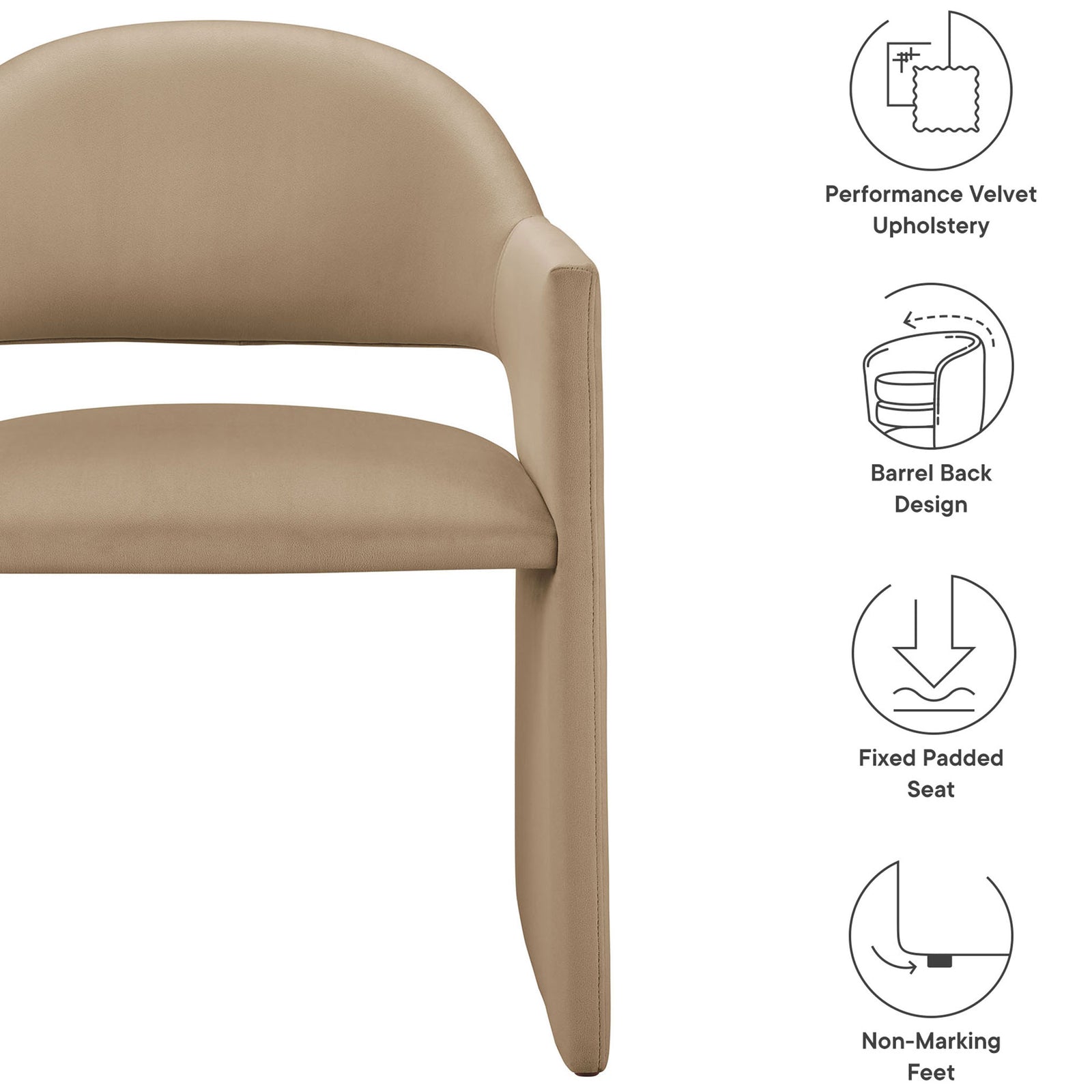 Taupe velvet barrel-back dining armchair with fixed padded seat and non-marking feet icons || EEI-7081-TAU || callout_studio