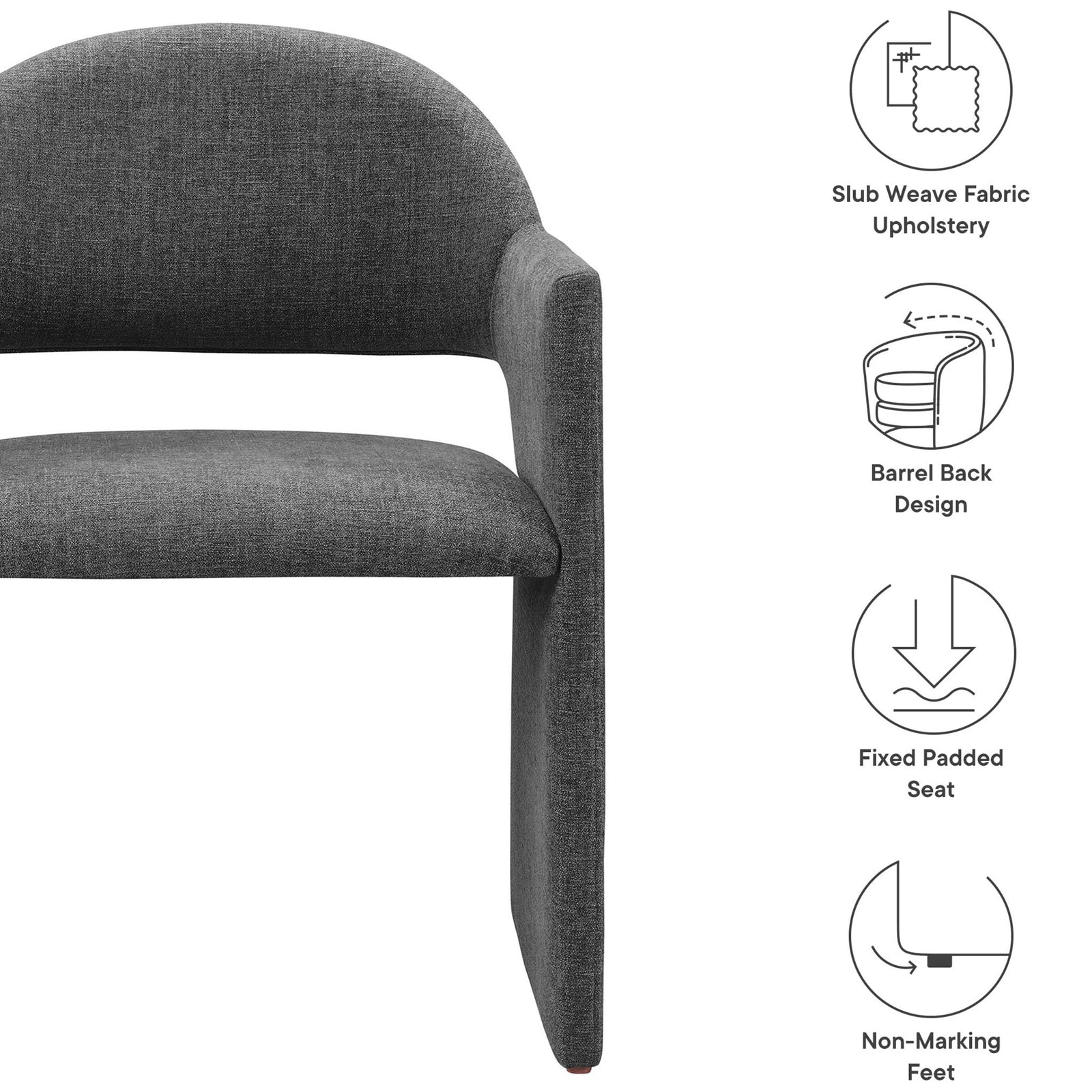 Charcoal fabric dining armchair featuring barrel-back support, fixed padded seat, and non-marking feet || EEI-7082-CHA || callout_studio