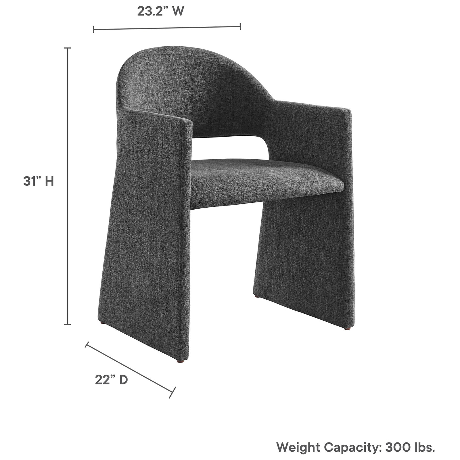 Charcoal barrel-back dining armchair with compact dimensions and 300 pound weight capacity || EEI-7082-CHA || dimension_studio