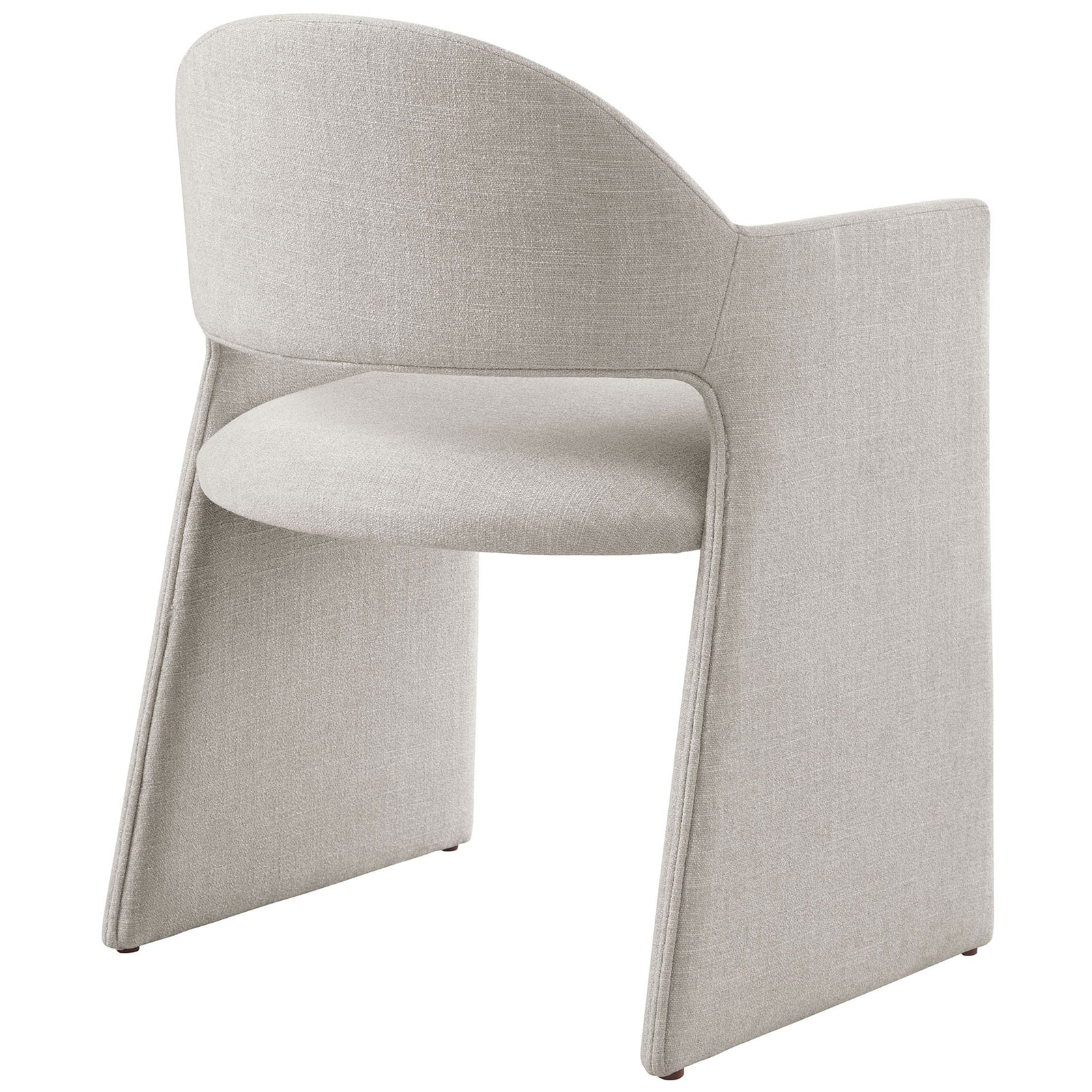 Curved linen barrel chair emphasizing the smooth wraparound back and tailored upholstery seams. || EEI-7082-LIN || back_angle_studio