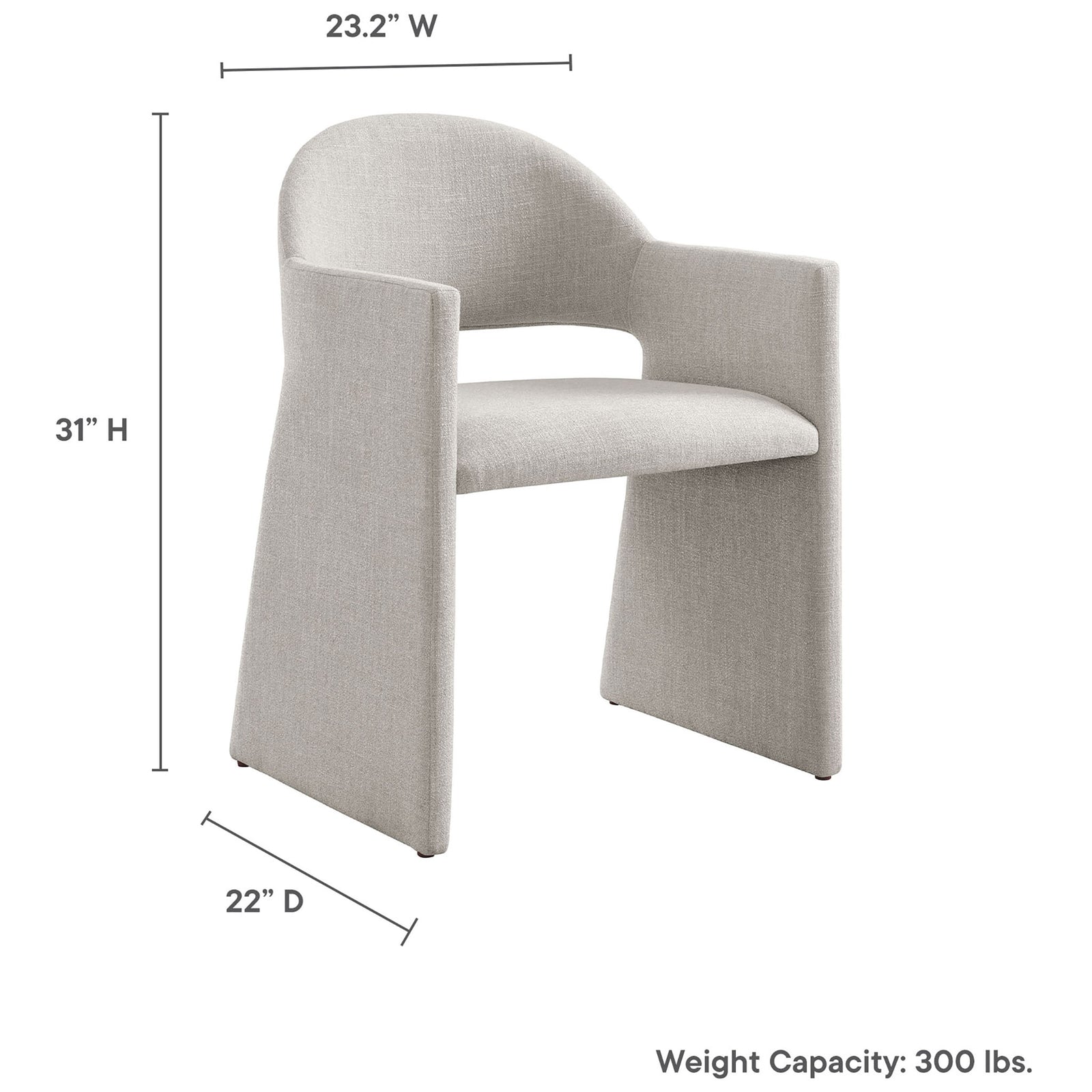 Talia upholstered dining armchair with labeled dimensions and 300-pound weight capacity callout. || EEI-7082-LIN || dimension_studio